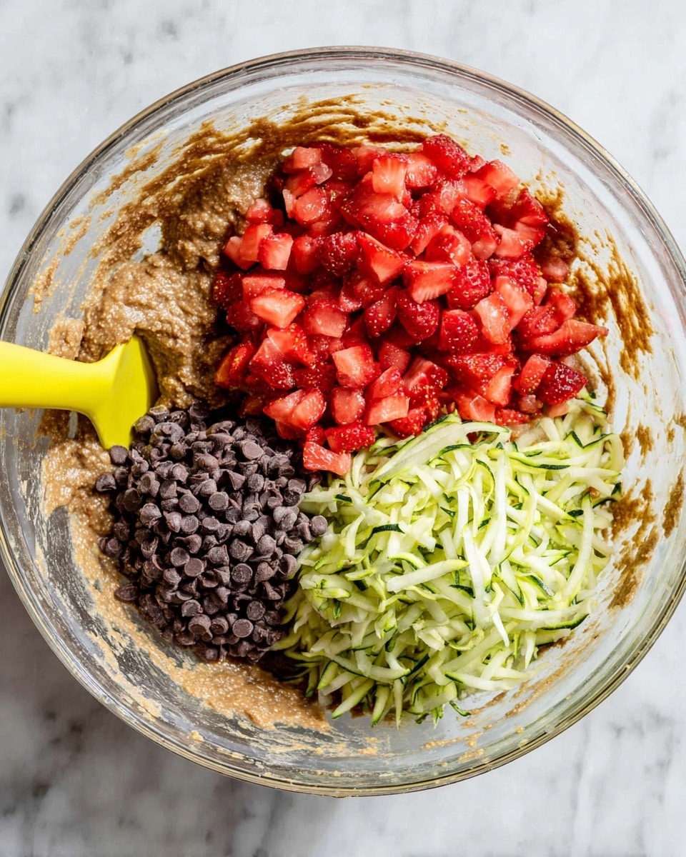 A clear glass bowl sits on a white marbled surface, filled with a thick brown batter as the base layer. On top, three piles are arranged side by side: bright red chopped strawberries on the upper right, small dark brown chocolate chips in the middle right, and shredded green zucchini with white inner flesh on the lower right. A yellow spatula is partially stuck into the batter on the left side of the bowl. The mix looks ready to be combined. Photo taken with an iphone --ar 4:5 --v 7