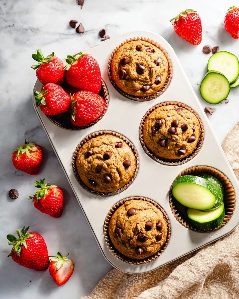 A white muffin tray holds six round cups with five filled with golden-brown muffins studded with small dark chocolate chips on top, showcasing a slightly cracked, textured surface; one cup is filled with bright red strawberries with green leafy tops, and another cup contains several green zucchini slices with smooth edges. The tray rests on a white marbled surface scattered with extra strawberries and a few chocolate chips, with a beige cloth draped nearby. The overall scene is bright with natural light, capturing the contrast between the warm tones of the muffins and the fresh colors of the fruits and vegetables. photo taken with an iphone --ar 4:5 --v 7