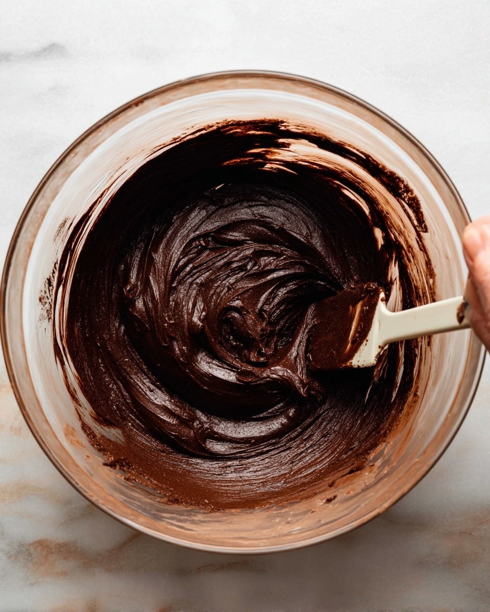 A clear glass bowl sits on a white marbled surface, filled with a smooth, thick dark brown chocolate mixture that has a shiny texture. The chocolate batter coats the sides of the bowl unevenly, showing swirls and folds from stirring. A small part of a spatula with some chocolate on it is visible in the mixture, held by a woman's hand. photo taken with an iphone --ar 4:5 --v 7