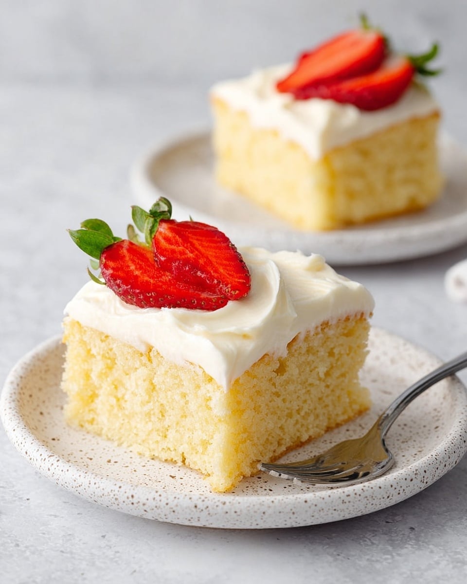 The image shows two square pieces of light yellow cake with a soft texture. Each piece has a thick layer of smooth white frosting on top. On top of each piece, there is a bright red strawberry cut in half, placed in the center. The pieces are served on white speckled plates. A silver fork is placed on the plate in the background, next to one piece of cake. The setting has a white marbled texture as the background. photo taken with an iphone --ar 4:5 --v 7