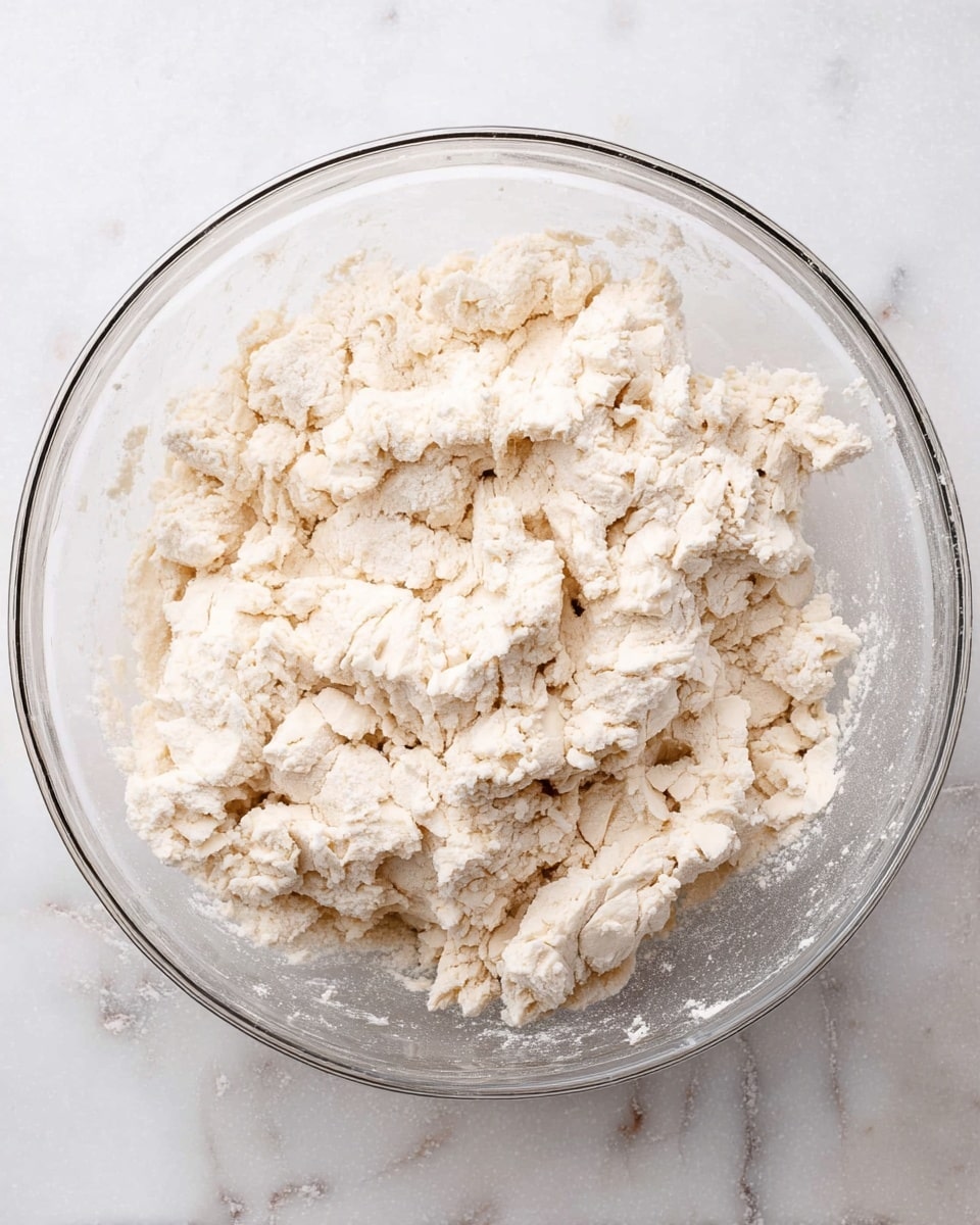 A clear glass bowl filled with rough, uneven clumps of pale off-white dough sits on a white marbled surface. The dough has a dry, crumbly texture with small cracks and loose pieces scattered around the sides of the bowl, showing that it is in the early stages of being mixed. The background and surface have a smooth, light appearance with soft gray marbled patterns. photo taken with an iphone --ar 4:5 --v 7