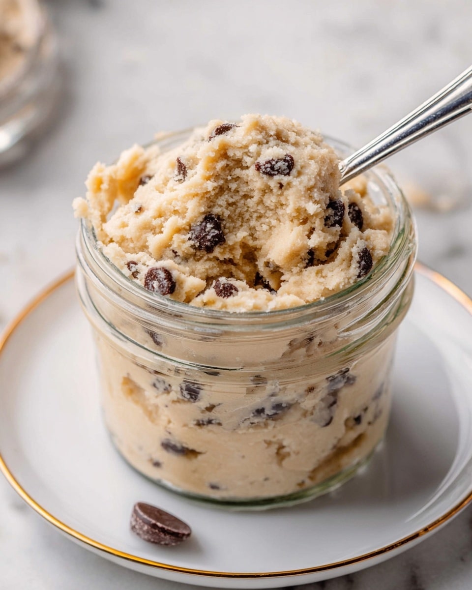 A close-up view of a clear glass jar filled with thick, creamy cookie dough mixed with small dark chocolate chips. The dough is light beige in color, textured with soft lumps and chocolate pieces scattered evenly throughout. The jar sits on a white plate with a thin gold rim, placed on a white marbled surface. A silver spoon is dipped into the dough, with its handle resting on the jar's edge. One chocolate chip lies on the plate near the jar. photo taken with an iphone --ar 4:5 --v 7