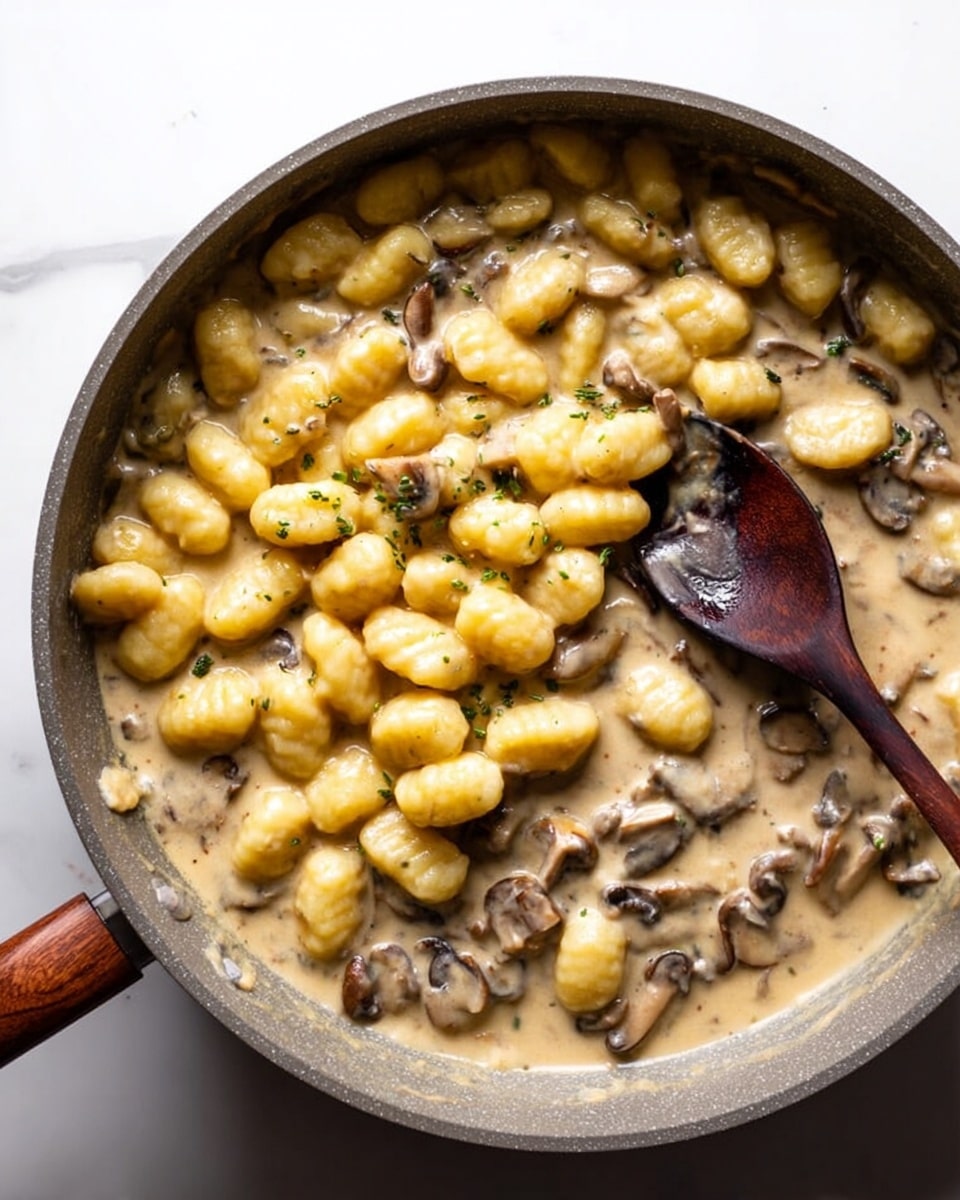 Inside a grey pan, there is a creamy mushroom sauce layer with visible brown mushroom pieces, topped with a heap of pale yellow gnocchi laying on the sauce. A dark wooden spoon is partially in the sauce and gnocchi, resting slightly on the right edge of the pan. The pan is on a white marbled surface. photo taken with an iphone --ar 4:5 --v 7