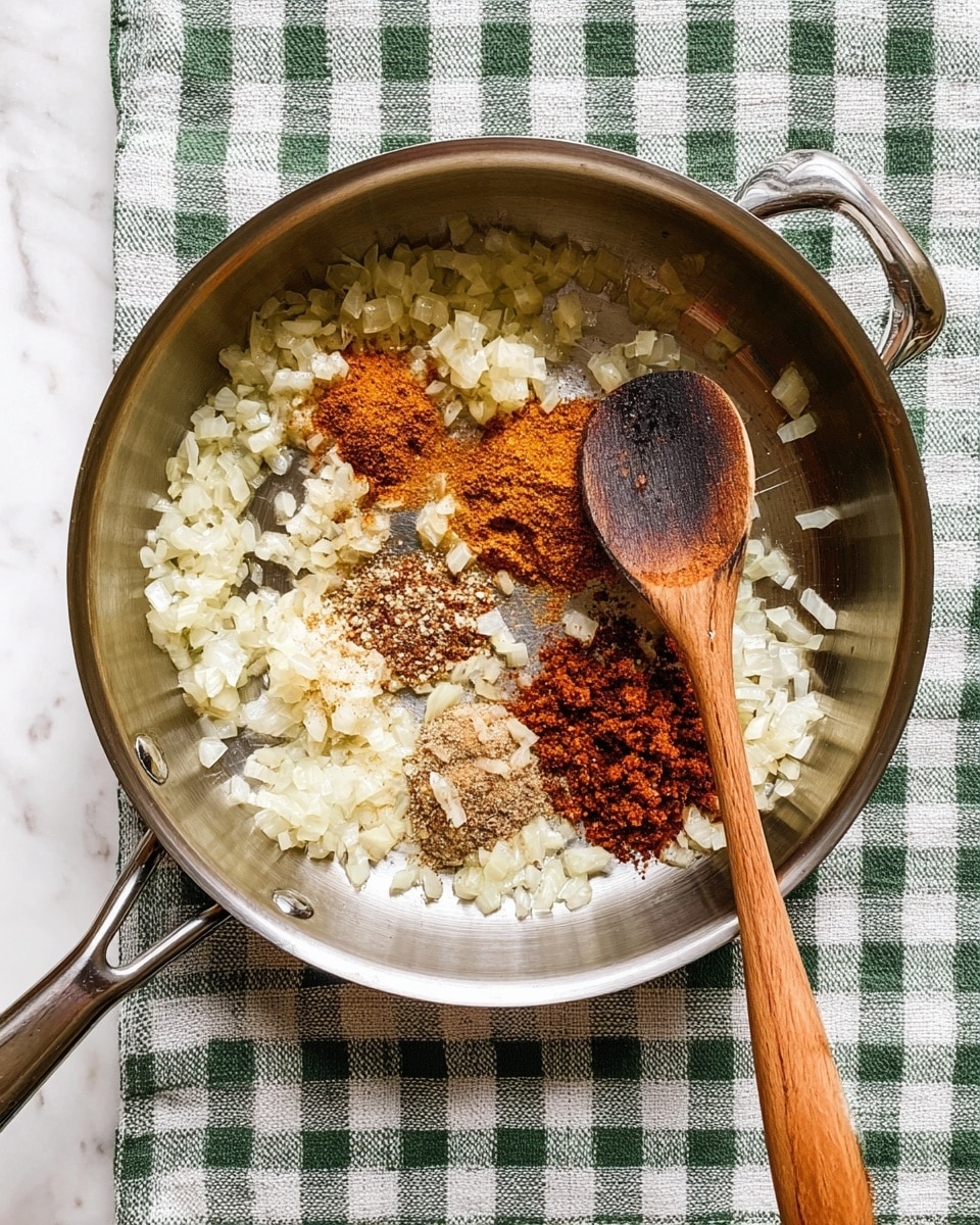 A stainless steel pan sits on a white marbled surface with a green and white checkered cloth underneath. Inside the pan, there is a layer of finely chopped onions cooked until translucent, spread around one side. On the other side, two piles of ground spices are present with warm brown and reddish tones. A wooden spoon with a well-used, darkened tip rests inside the pan, partially touching the cooked onions and spices, showing the mixture is in the cooking process. The pan handle is visible to the right. photo taken with an iphone --ar 4:5 --v 7