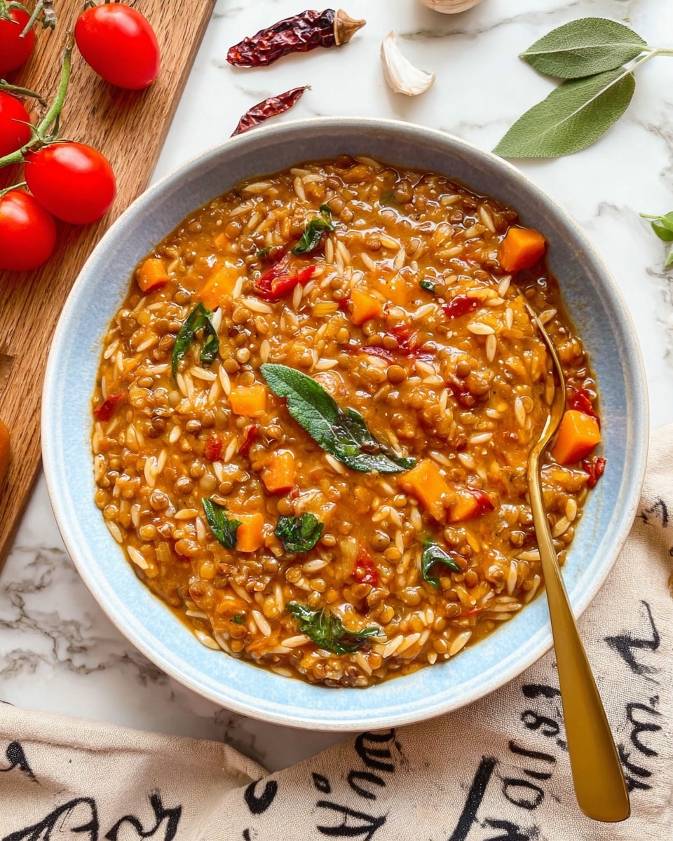 A deep white bowl filled with a thick stew containing small lentils, orange cubed vegetables, and orzo pasta. The stew has a warm, orange-brown color with visible green leaves and small pieces of red tomatoes throughout. A golden spoon sits in the bowl on the right side. The bowl is placed on a white marbled surface with a beige cloth showing black letters partially visible. Some fresh tomatoes, bay leaves, dried chili, and garlic lie around the bowl. Photo taken with an iphone --ar 4:5 --v 7