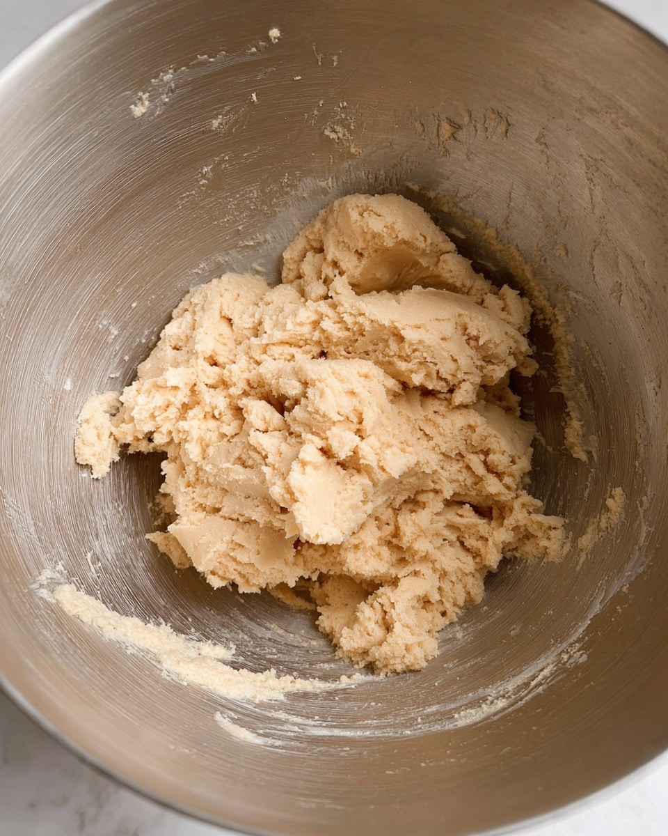 A close-up top view of a metal mixing bowl filled with a light beige dough mixture that has a slightly crumbly and sticky texture. The dough is gathered mostly in the center, with some bits stuck around the sides of the bowl, which shows soft reflections and marks from mixing. The background surface is a white marbled texture. photo taken with an iphone --ar 4:5 --v 7