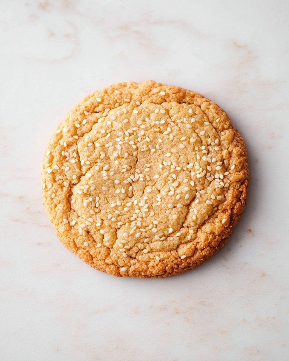 A single round cookie sits on a white marbled surface. The cookie is light golden brown with a slightly darker edge, giving it a baked look. It is topped with scattered white sesame seeds that add texture and a bit of contrast. The cookie surface appears crispy and slightly cracked, showing its crunchy texture. There are no other items or layers in the image, only the cookie centered on the white marbled background. photo taken with an iphone --ar 4:5 --v 7