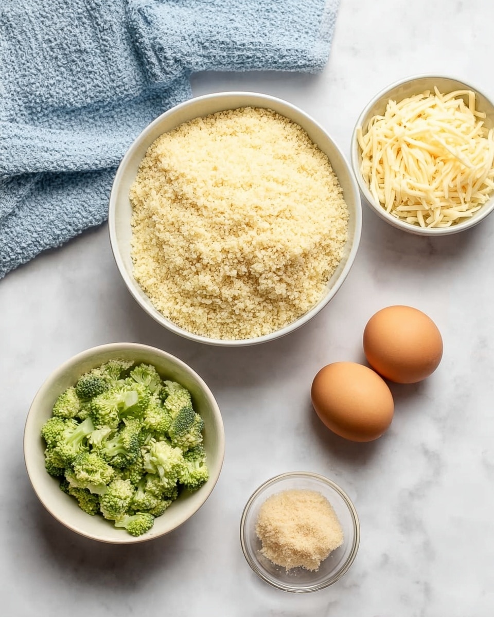 The image shows five elements on a white marbled surface: a large white bowl filled with fluffy, light yellow grains, a white bowl with shredded pale yellow cheese, a white bowl with finely chopped bright green broccoli, two brown eggs, and a small clear dish with a light beige paste. A light blue textured cloth is partly visible in the top left corner. Photo taken with an iphone --ar 4:5 --v 7