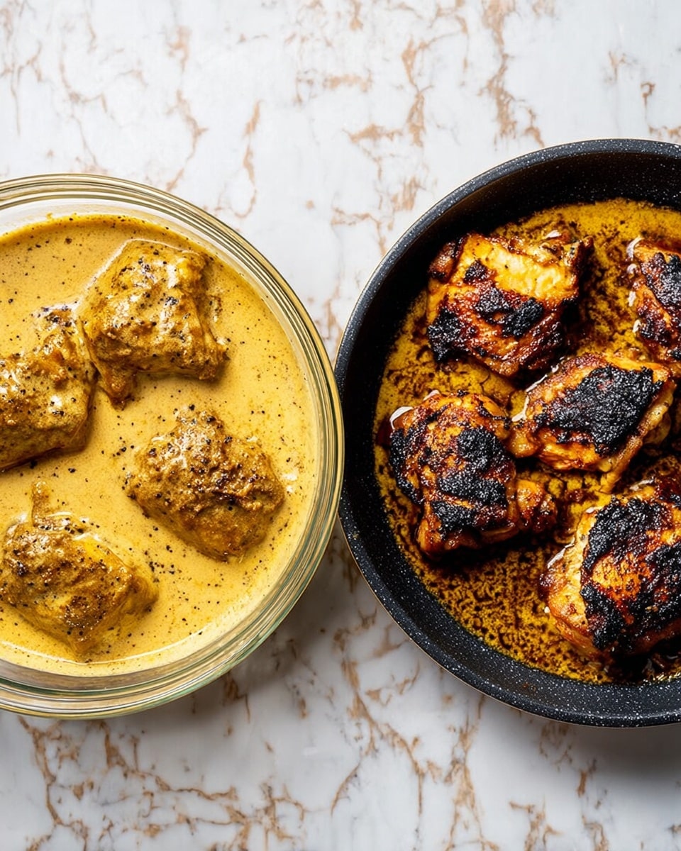 Two round bowls are placed side by side on a white marbled surface. The left bowl is clear glass, showing four pieces of chicken covered in a thick, creamy, light yellow sauce with black specks. The right bowl is a black pan holding four pieces of chicken that are golden brown with dark char marks and crispy edges, sitting in shiny oil with small browned bits around them. Photo taken with an iphone --ar 4:5 --v 7