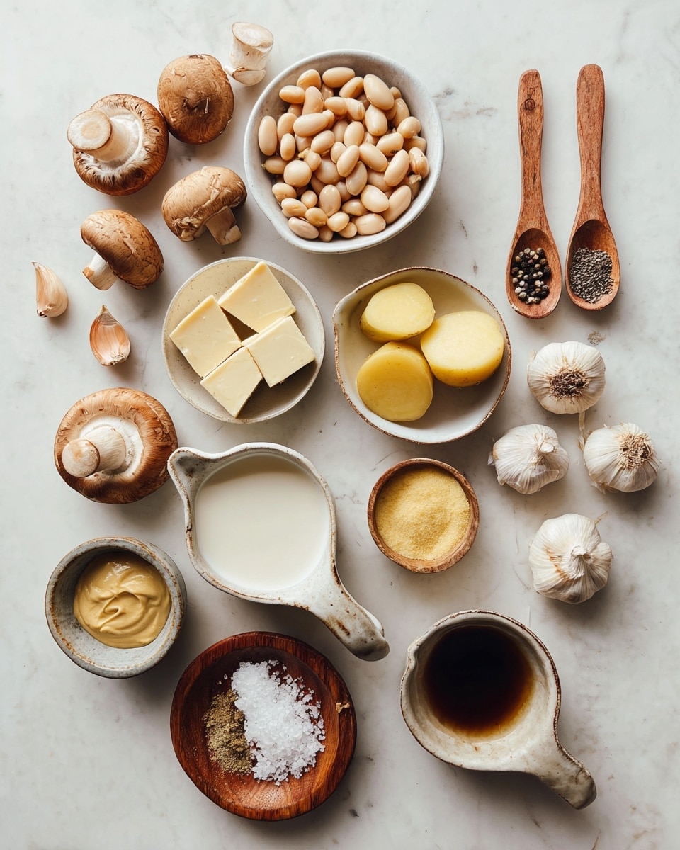 The image shows an arrangement of cooking ingredients on a white marbled surface. There are mushrooms including whole and sliced ones, light brown beans in a white bowl, and small halves of yellow potatoes placed alongside a white plate. Cloves of garlic cluster near three wooden spoons that hold different spices. A small bowl holds butter squares, and separate small bowls contain mustard, white powder, dark liquid, milk, and a light brown liquid. A round wooden plate holds rock salt and cracked pepper. The colors are mainly natural earthy tones like brown, yellow, white, and beige. The layout is neat with ingredients evenly spaced and clearly visible. Photo taken with an iphone --ar 4:5 --v 7