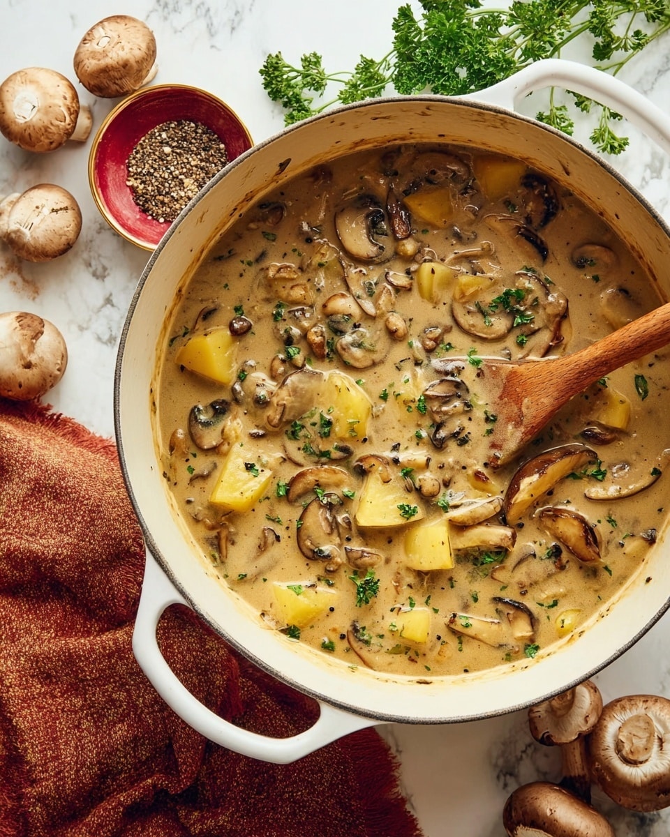 A white pot filled with a thick, creamy soup made of sliced brown mushrooms and chunky yellow potatoes, with small white beans scattered throughout. The soup has a speckled texture with black pepper and is garnished with chopped green herbs. A wooden spoon is partially submerged in the pot, mixing the soup, which sits on a white marbled surface surrounded by fresh mushrooms, green parsley, a small red bowl of cracked black pepper, and a rust-colored cloth. Photo taken with an iphone --ar 4:5 --v 7