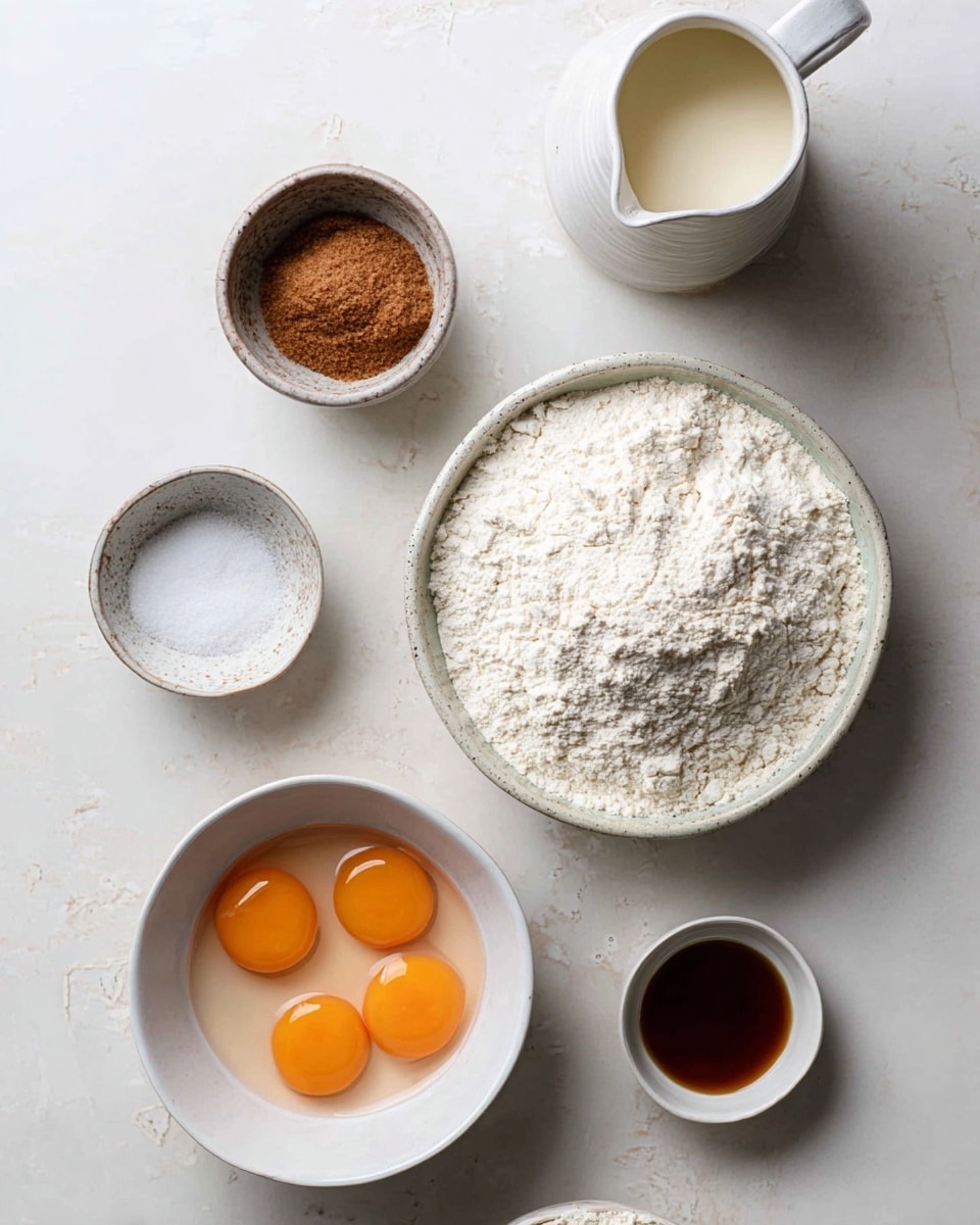 The image shows six separate containers with different baking ingredients placed on a white marbled surface. In the top right, there is a white ceramic jug filled with a creamy liquid. Below it, in the center right, there is a white bowl filled with a large pile of flour that looks soft and powdery. To the left of the flour are two small bowls, one with brown sugar and the other with a small amount of coarse salt. At the bottom left, there is a white bowl holding four cracked eggs with bright orange yolks floating in the clear egg whites. To the right of the eggs is a small white dish with a dark amber liquid, likely vanilla extract. The setup is simple and clean, with all containers neatly arranged and ingredients clearly visible. Photo taken with an iphone --ar 4:5 --v 7