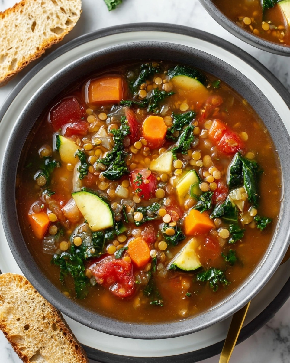 A gray bowl filled with a vegetable soup sits on a white plate with a gray rim, both placed on a white marbled surface. The soup shows many layers: a clear, brownish broth base with small yellow lentils floating throughout, followed by chunks of orange carrots, red tomatoes, light green zucchini slices, and dark green kale leaves scattered evenly. Pieces of finely chopped onions are visible among the vegetables, giving the soup a thick and textured look. Around the bowl, pieces of torn toasted bread add a casual touch. A gold spoon rests beside the bowl partially visible on the surface. Photo taken with an iphone --ar 4:5 --v 7