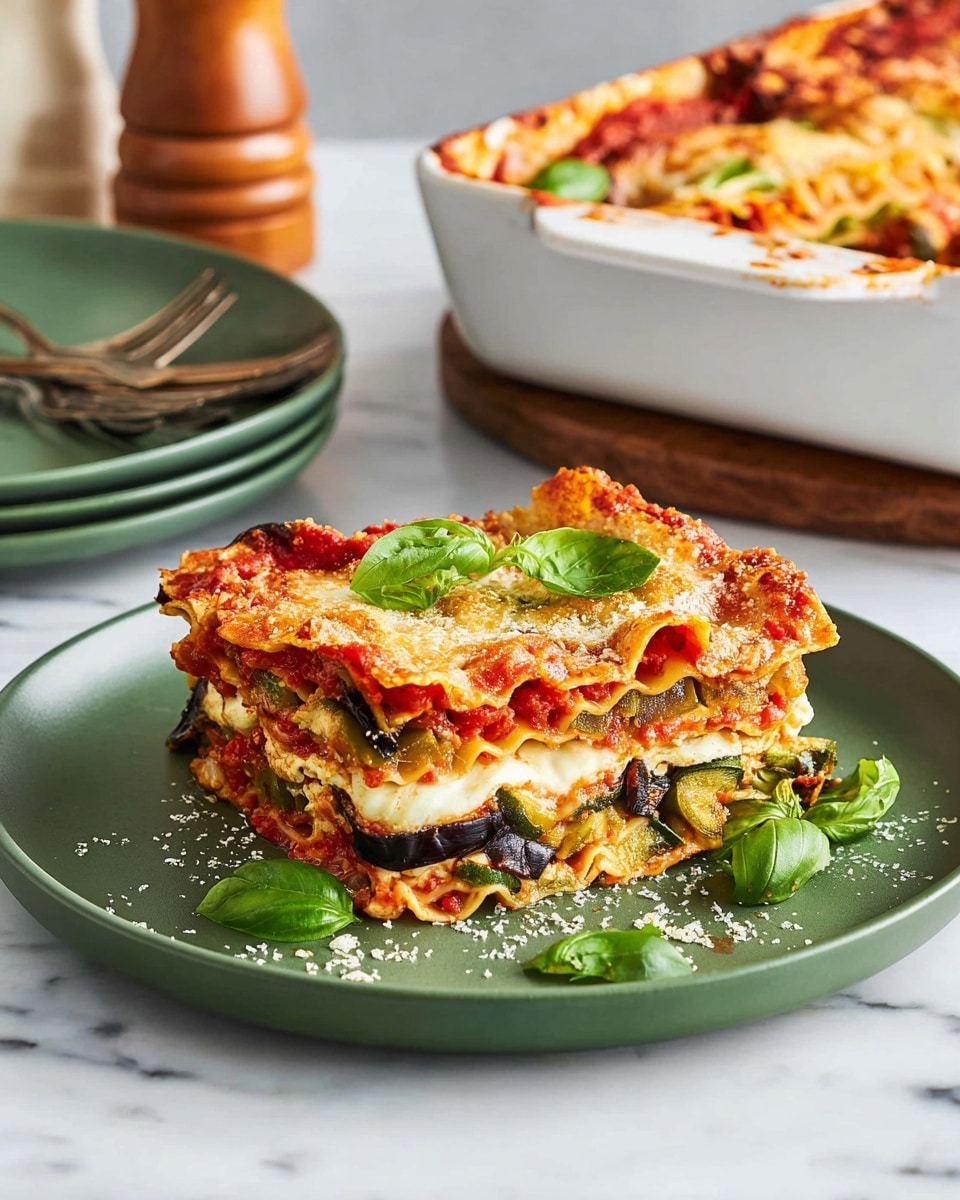 A square piece of vegetable lasagna sits on a matte green plate on a white marbled surface. The lasagna has four visible layers: a top golden-brown baked pasta layer with a crispy texture, followed by a bright red tomato sauce layer mixed with green zucchini slices and dark eggplant pieces. Below that is a thick white cheese layer that looks soft and creamy, and at the bottom another pasta layer, slightly browned at the edges, holding the filling together. Fresh green basil leaves are placed on top and around the lasagna, with small sprinkles of grated cheese on and near the dish. In the background, a white baking dish with more lasagna and a wooden pepper grinder stand beside stacked matte green plates with forks on top. Photo taken with an iphone --ar 4:5 --v 7