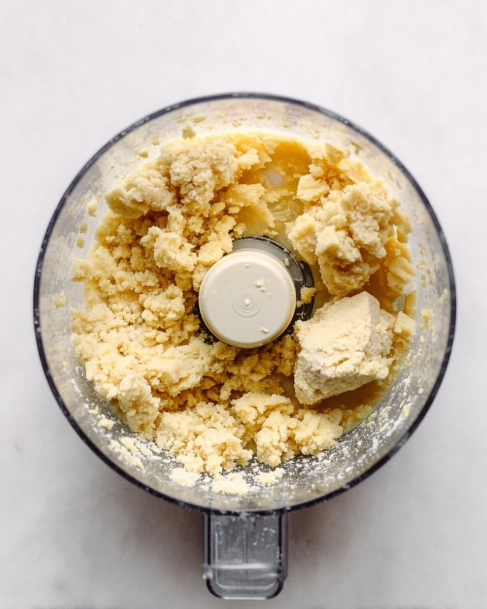 Top view of a clear food processor bowl filled with uneven large chunks of pale yellow crumbly dough, showing a rough texture with some powdery bits around the edges, set on a white marbled surface photo taken with an iphone --ar 4:5 --v 7