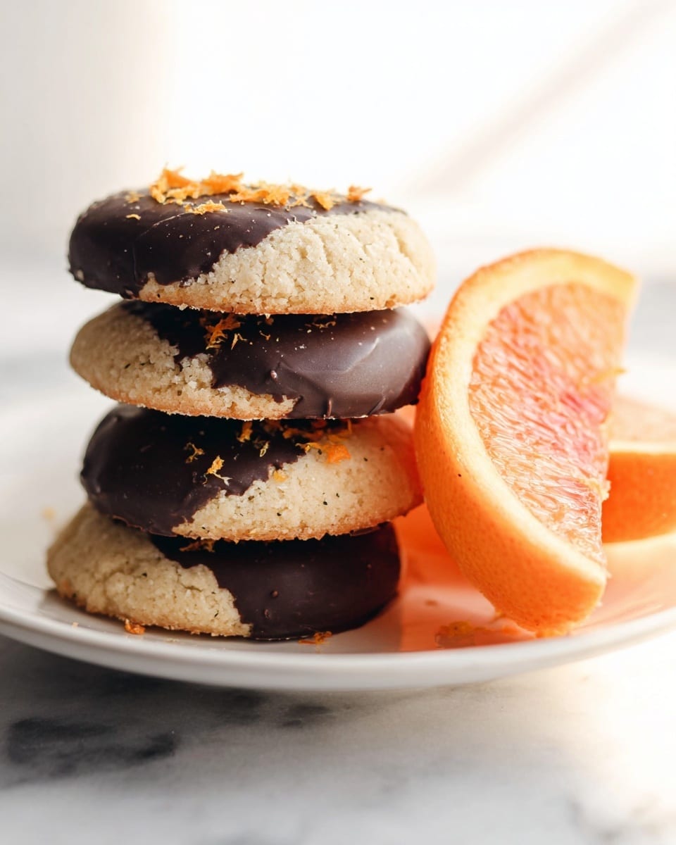 A stack of four round cookies sits on a white plate, each cookie half-covered with smooth dark chocolate on the top side, sprinkled with small orange zest pieces. The cookies are light beige with a crumbly texture. Next to the stack, there is a bright orange fruit slice leaned against the cookies, showing its juicy and vibrant inside. The whole scene is set on a white marbled surface with soft lighting. Photo taken with an iphone --ar 4:5 --v 7
