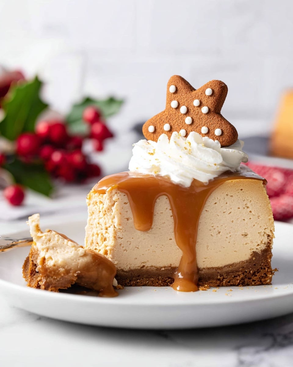 A slice of creamy light brown cheesecake with a darker brown crust sits on a white plate on a white marbled surface. The cheesecake has a smooth texture with a thick layer of caramel sauce dripping down one side. On top, there is a dollop of white whipped cream and a star-shaped brown cookie with small white icing dots. A small piece of the cheesecake with caramel sauce is placed next to the main slice. In the blurred background, there are red berries and green leaves adding a festive feel. photo taken with an iphone --ar 4:5 --v 7
