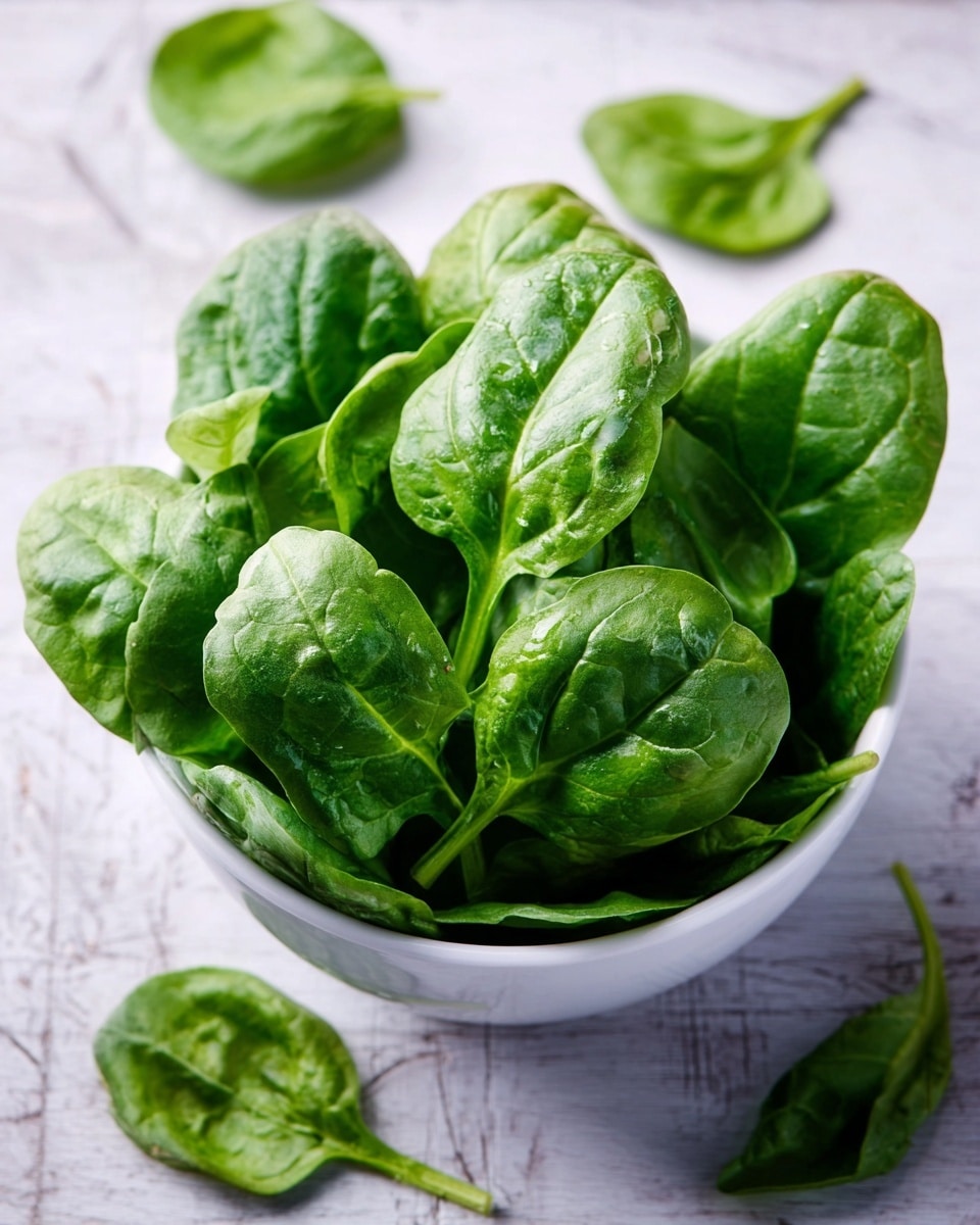 A bunch of fresh, bright green spinach leaves is placed inside a white bowl. The leaves show smooth, slightly shiny surfaces with visible veins and rounded edges. Some spinach leaves are scattered loosely around the bowl on a white marbled texture surface that has soft gray veins. The lighting softly highlights the fresh texture of the leaves, making them look crisp and vibrant. Photo taken with an iphone --ar 4:5 --v 7