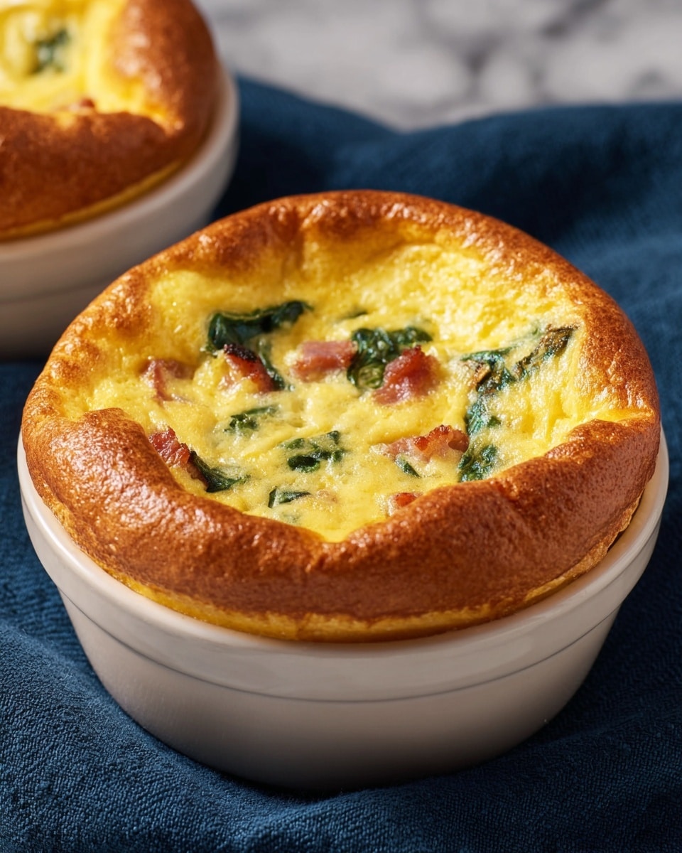 The image shows two baked egg soufflés in round white ceramic ramekins placed on a white marbled surface with a dark blue cloth underneath. Each soufflé has a golden-brown, puffed-up outer edge that looks light and airy with a slightly shiny, smooth texture. The center of the soufflés is yellow and creamy with visible green spinach leaves and small pieces of light brown cooked bacon, creating a mix of soft and slightly chunky textures. The contrast between the browned high edges and the creamy center makes the dish look warm and fluffy. photo taken with an iphone --ar 4:5 --v 7