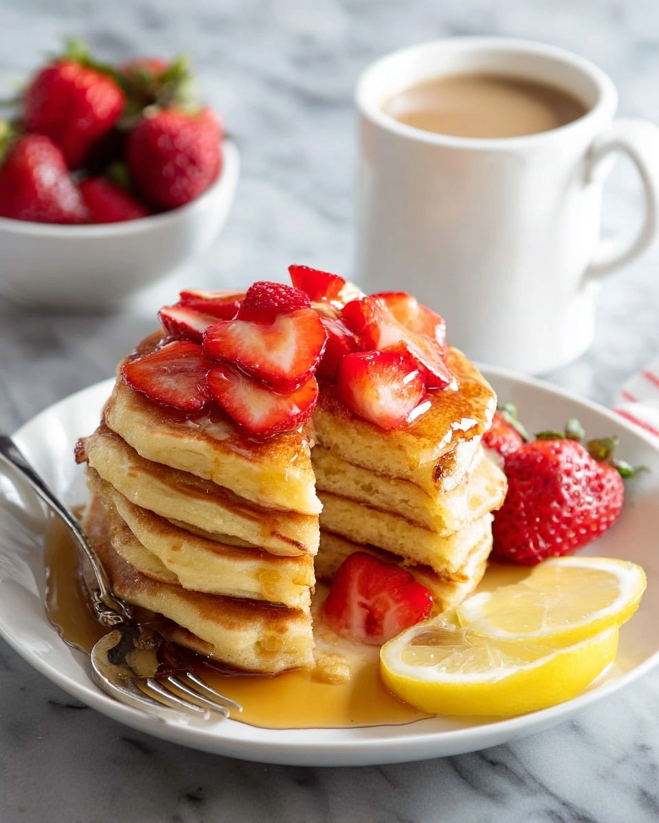 A stack of four thick pancakes sits on a white plate, each pancake golden brown with a soft and fluffy texture. The top pancake is sliced partially, revealing a light, airy inside. Fresh red strawberries, some sliced and some whole, are scattered over the top and around the plate, adding bright color and texture. There is syrup lightly drizzled on the pancakes, giving a slight shine. A lemon wedge is placed on the right side of the plate with small lemon zest pieces sprinkled near it. In the background, there is a white cup filled with light brown coffee and a white bowl with more fresh strawberries. The surface beneath is a white marbled texture. photo taken with an iphone --ar 4:5 --v 7