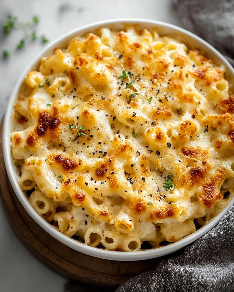 A creamy macaroni pasta dish in a white round bowl, with short tubular pasta covered in melted cheese sauce. The top layer is golden brown with some crispy spots and small sprigs of green herbs scattered over. The cheese forms a bubbly, slightly browned crust with small black pepper specks. The bowl sits on a soft gray cloth, all on a white marbled surface. Photo taken with an iphone --ar 4:5 --v 7
