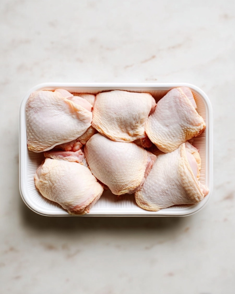 There is a white rectangular tray filled with six pieces of raw chicken with skin on, arranged closely but not overlapping, showing light pink flesh and pale yellow skin. The tray sits on a white marbled surface that appears smooth and clean. The background is soft and blurred with faint shadows, creating a simple and fresh look. photo taken with an iphone --ar 4:5 --v 7