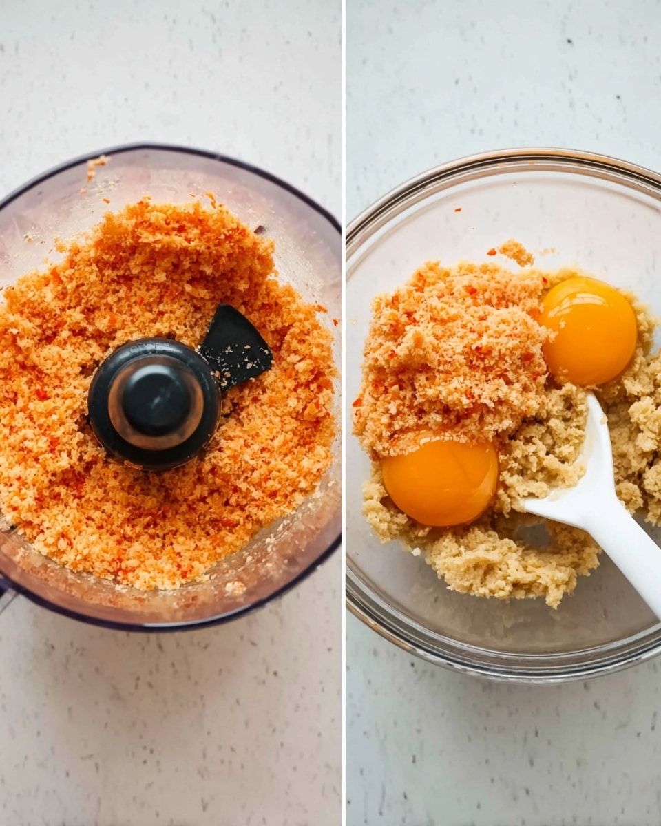 The image shows two clear glass bowls on a white marbled surface. The left bowl contains a finely chopped orange mixture, with a black blender blade in the center. The texture looks grainy and moist, filling most of the bowl. The right bowl holds layers of ingredients: a light tan mashed mixture at the bottom right, two raw orange egg yolks near the top left, and a heap of the same orange chopped mixture from the left bowl covering the top part. There is a white spoon with a black handle resting inside the right bowl. Photo taken with an iphone --ar 4:5 --v 7