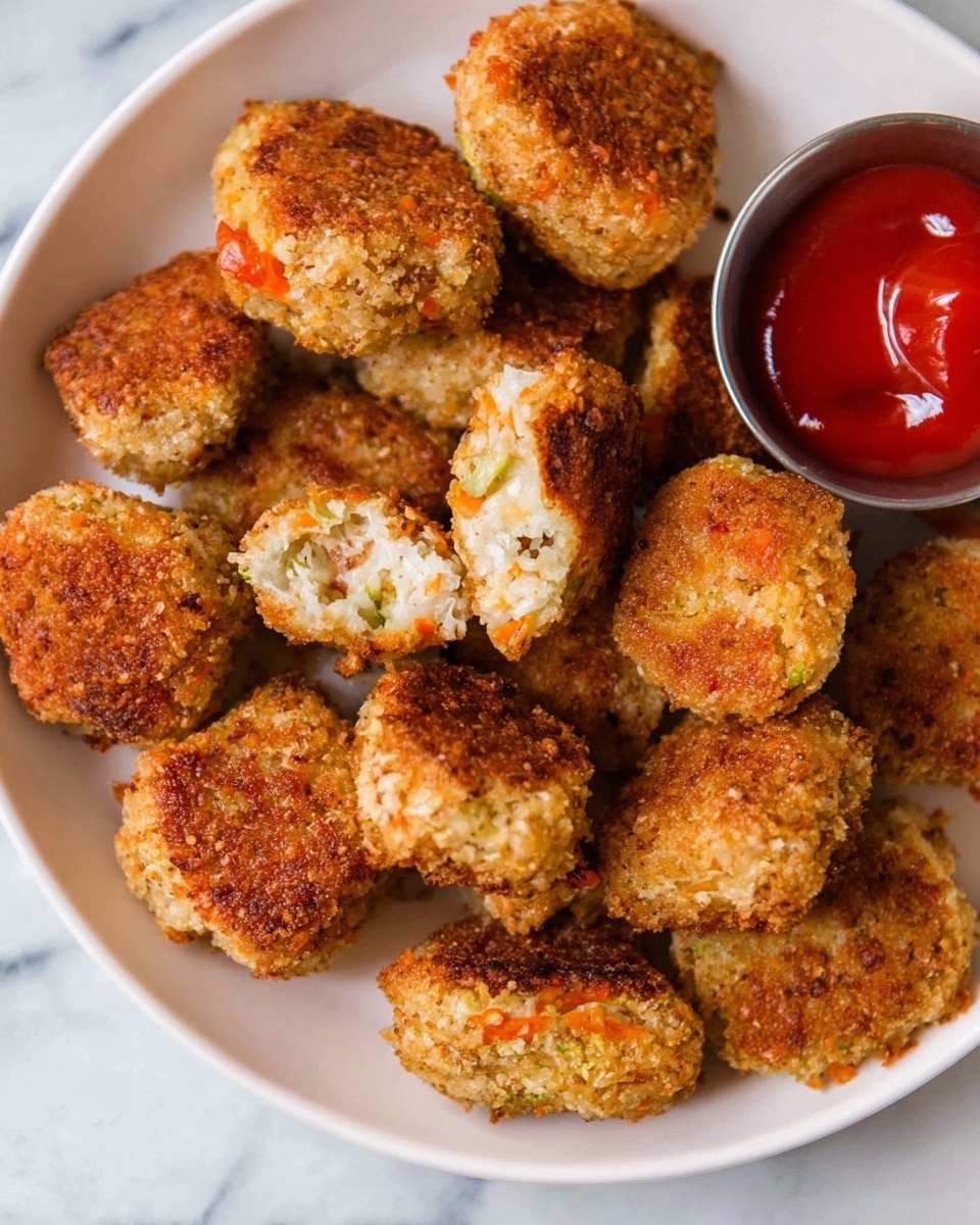 A white plate filled with round, golden-brown crispy nuggets with a rough, crumbly texture, some showing a darker toasted color on the surface. One nugget is broken open in the center, showing a soft, light filling with bits of orange inside, suggesting vegetables mixed within. On the top right side of the plate, there is a small metal cup filled with bright red ketchup, adding a smooth, shiny contrast to the crunchy nuggets. The plate is placed on a white marbled surface, giving a clean and bright background photo taken with an iphone --ar 4:5 --v 7