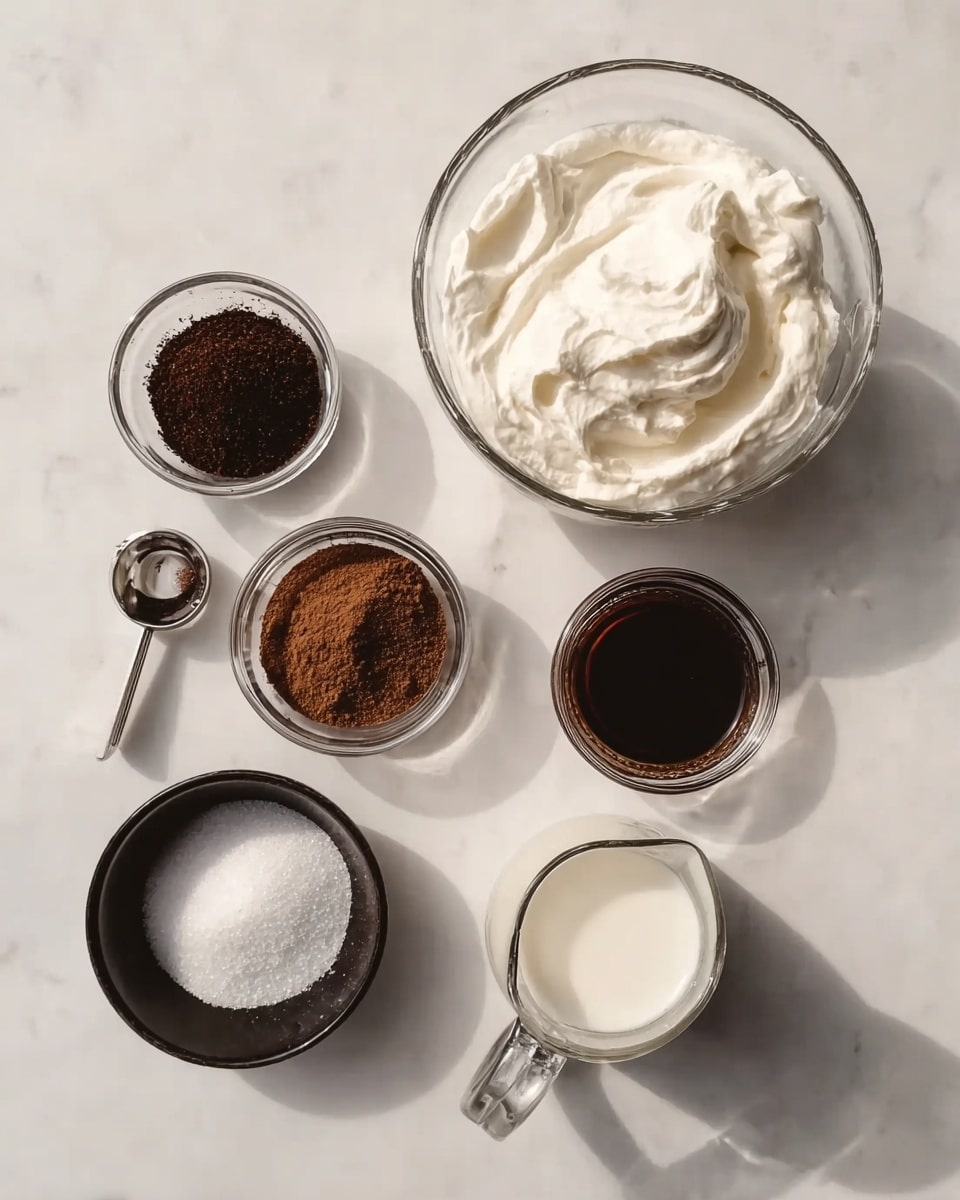 The image shows six small clear glass and black measuring cups arranged on a white marbled surface. At the top right, a large clear glass bowl is filled with thick white cream. In the middle right, a small clear glass cup holds dark brown vanilla extract. Below it, a black cup is filled with medium brown cocoa powder. On the left side, a black cup contains dark coffee grounds at the top left, and below it, a clear glass pitcher holds white milk. At the bottom left, a black round bowl contains white sugar and salt mixed together. The light makes the textures smooth and clear. Photo taken with an iphone --ar 4:5 --v 7