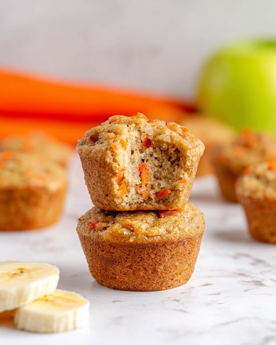 The image shows two small muffins stacked on top of each other on a white marbled surface, with the top muffin having a bite taken out of it, revealing a soft, crumbly inside with visible small bits of carrot and banana. The muffins are a light brown color with orange flecks inside. Around them, there are whole muffins blurred in the background, slices of banana on the left, and orange carrots and a green apple in the far background, all on the white marbled surface. photo taken with an iphone --ar 4:5 --v 7
