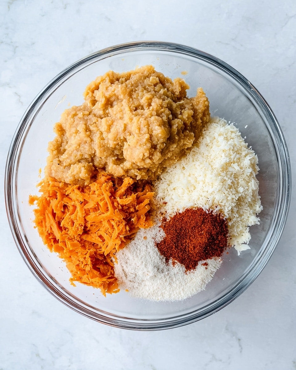 A clear glass bowl sits on a white marbled surface, filled with five distinct layers of ingredients arranged separately inside. The largest portion on the left shows soft, chunky, light beige mashed lentils with a rough texture. On the upper right is a mound of finely shredded white panko breadcrumbs with a fluffy feel. Just below the breadcrumbs is a bright orange shredded layer of sweet potatoes with a slightly wet texture. Overlapping a bit with the sweet potatoes is a small pile of fine white powder, likely dry seasoning, and next to it is a small heap of reddish-brown powder, possibly paprika or chili powder. The ingredients are clearly separated, showing their different colors and textures. photo taken with an iphone --ar 4:5 --v 7