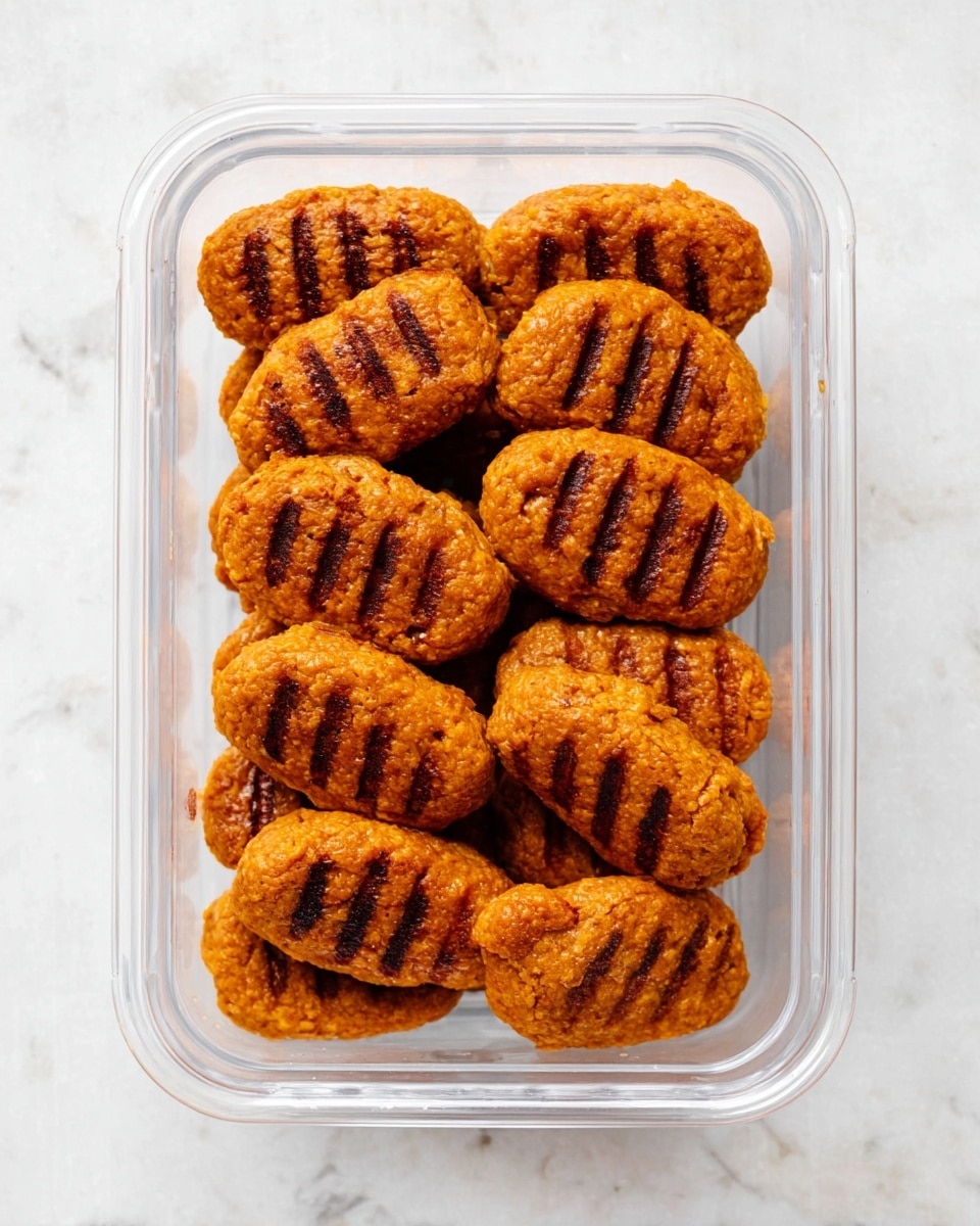 A clear rectangular container is filled with eighteen oval-shaped patties stacked in three layers, each patty having a rough texture with a golden-orange color. Each patty has dark brown, slightly charred grill marks on top, arranged in a grid pattern. The patties show some uneven surface details, giving a rustic look. The container is set on a white marbled texture surface. photo taken with an iphone --ar 4:5 --v 7