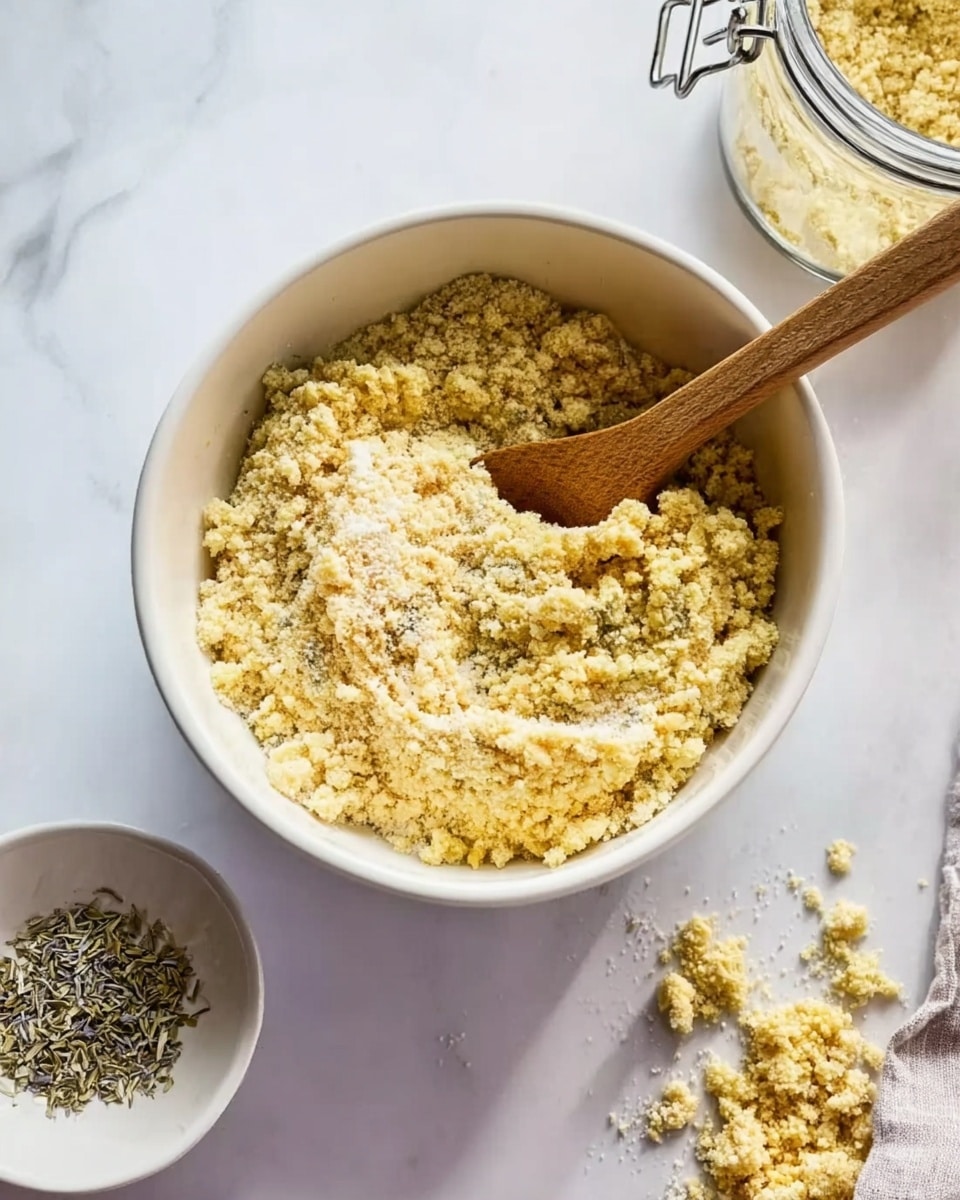 A white bowl sits on a white marbled surface, filled with a crumbly, light yellow mixture that has a rough, slightly lumpy texture. A wooden spoon rests inside a glass jar with a metal clasp in the upper right corner, holding more of the crumbly mixture. A small white bowl with dried green herb pieces is placed on the upper left side. The scene is softly lit, showing a natural kitchen setting. Photo taken with an iphone --ar 4:5 --v 7