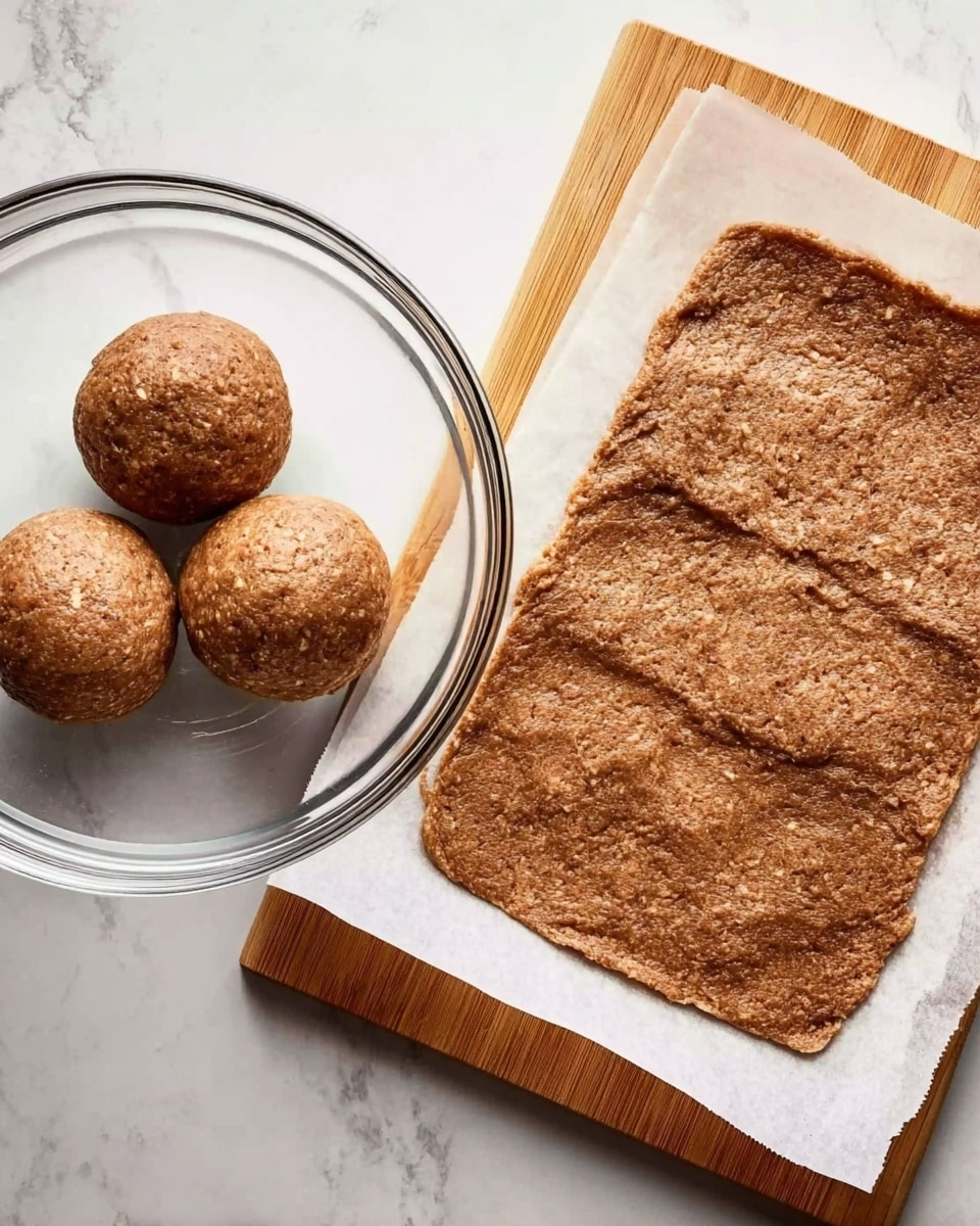 The image shows two scenes side by side on a white marbled surface. On the left, a clear glass bowl contains three round dough balls that are brown and slightly textured, looking soft and dense. On the right, the same dough is now flattened into a large rectangular sheet with uneven edges, lying on a wooden board covered with white parchment paper. The dough sheet has a similar brown, slightly rough texture, and small bits of ingredients are visible throughout. photo taken with an iphone --ar 4:5 --v 7