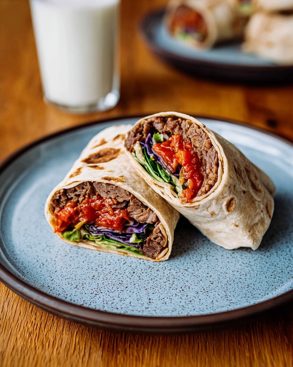 Two halves of a wrapped tortilla sandwich are placed on a white plate with a speckled blue surface on a wooden table. Each half shows distinct layers inside: the innermost layer is a thick, brown cooked meat filling, surrounded by chopped green and purple vegetables, topped with a bright red chunky sauce. The tortilla wrap is light beige with browned spots and a soft, folded texture. In the background, a tall glass of white milk and another plate with similar wraps appear slightly blurred. The photo taken with an iphone --ar 4:5 --v 7