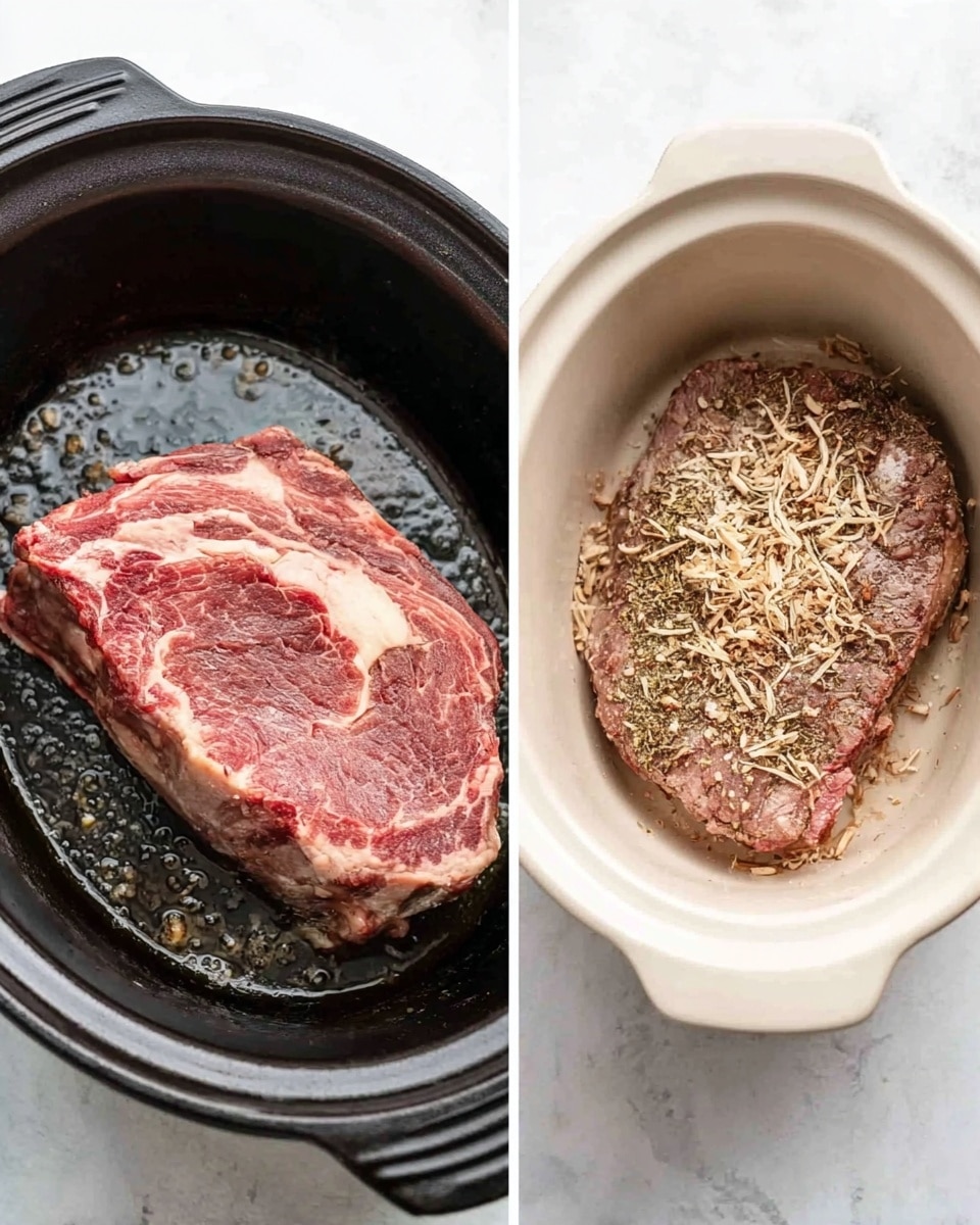 The image shows two parts: on the left, a large thick piece of steak with marbled fat and pink edges is placed in the center of a black cast iron pan with shiny spots of oil around it; on the right, the same cooked steak lies flat inside a white slow cooker bowl, covered on top with a sprinkle layer of light brown seasoning and shredded pale ingredients, possibly dried onions or garlic, giving a rough texture on top of the meat. The background surface is white with a marbled texture. Photo taken with an iphone --ar 4:5 --v 7