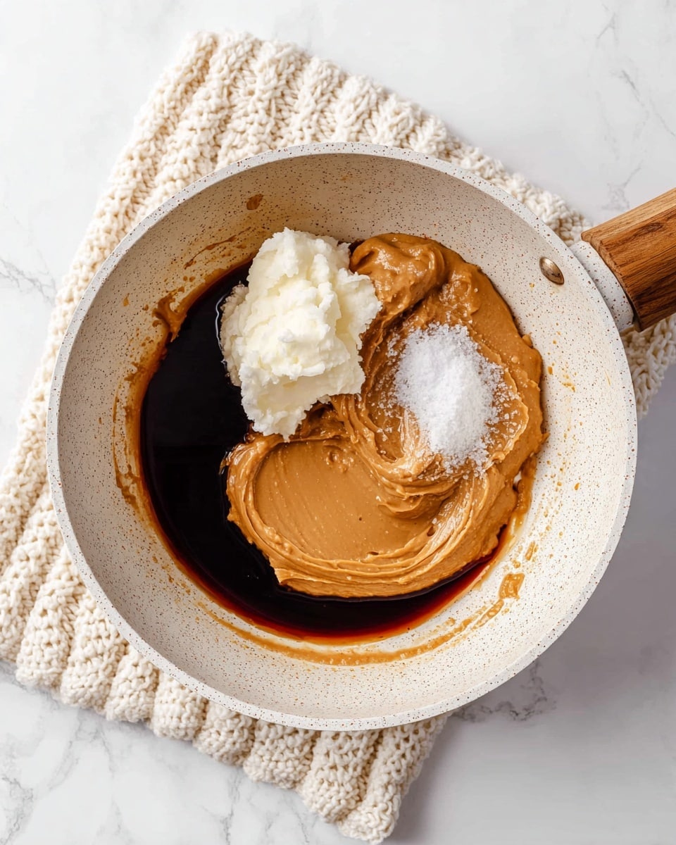 A white pan with a light speckled texture holds four distinct layers of ingredients. The bottom layer is a dark, shiny liquid that covers the base of the pan. On the right side, there is a thick, smooth layer of light brown peanut butter with a dollop of white granulated sugar on top. On the left side, a soft, white scoop of solid coconut oil rests above the dark liquid, creating a contrast in textures. The pan is set on a knitted cream-colored mat on a white marbled surface. photo taken with an iphone --ar 4:5 --v 7