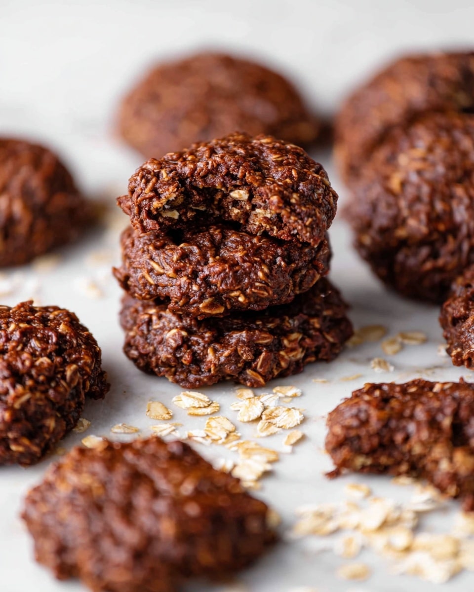 The image shows several chocolate oatmeal cookies scattered on a white marbled surface. The cookies are dark brown with visible oats, giving them a rough, textured look. One cookie is stacked on top of another, with a bite taken out of the top cookie to show a dense, chewy inside with bits of oats and chocolate. Some loose oats are sprinkled around the cookies for decoration. The overall look is rich and homemade. photo taken with an iphone --ar 4:5 --v 7