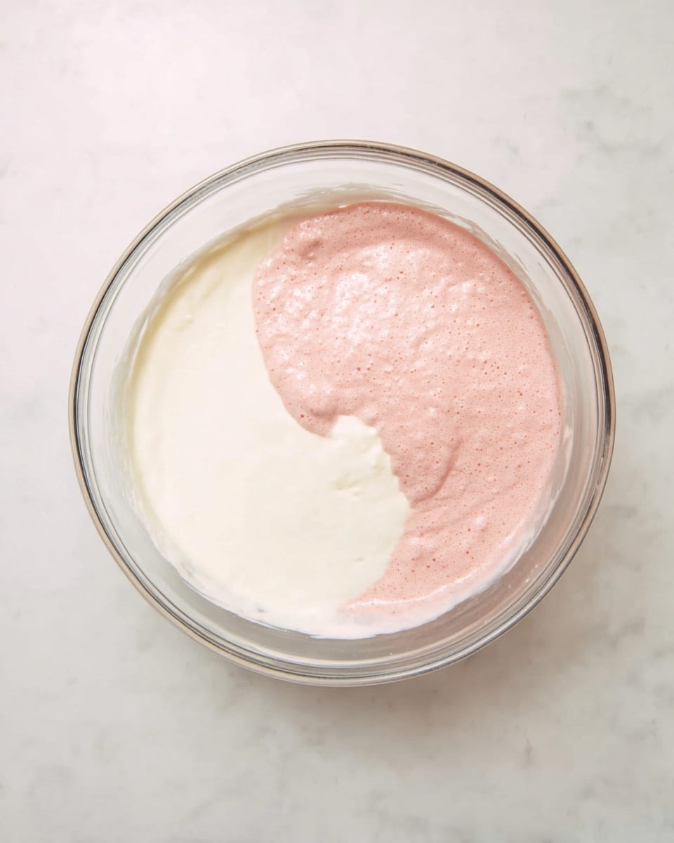 A clear glass bowl sits on a white marbled surface, holding two layers of creamy mixtures inside. The bottom layer is smooth and white, filling most of the bowl's base. On top, a smaller patch of light pink mixture with a slightly frothy texture covers about one-third of the white layer on the right side. The bowl's rim is visible with soft lighting highlighting the glossy textures of both layers. photo taken with an iphone --ar 4:5 --v 7