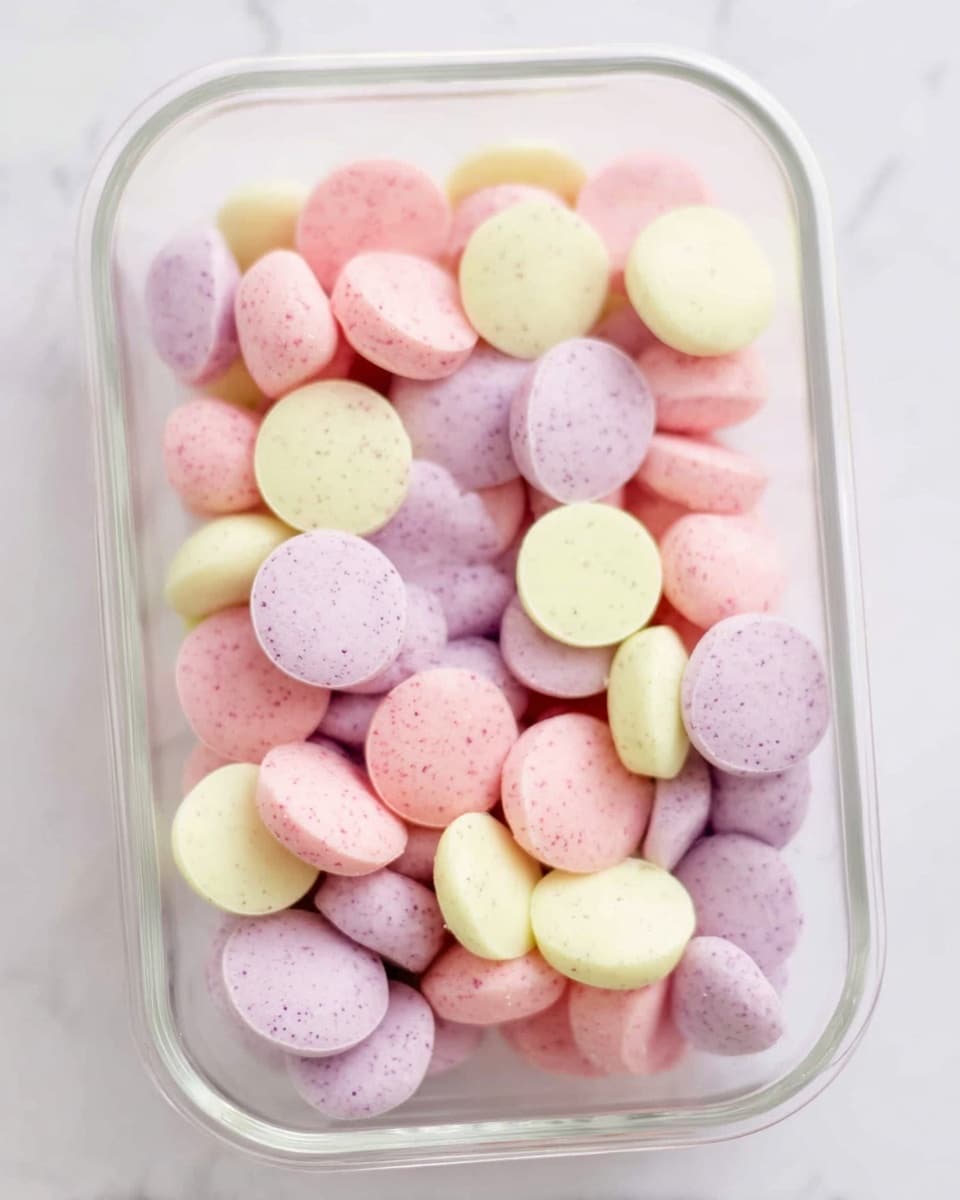 A clear rectangular glass container filled with small, round, flat candy melts in three colors: light pink, pale yellow, and soft purple. The candy melts are spread evenly across the bottom layer of the container, showing a smooth texture with tiny darker specks on some pieces. The background has a white marbled texture, making the colors of the candy melts bright and clear. Photo taken with an iphone --ar 4:5 --v 7