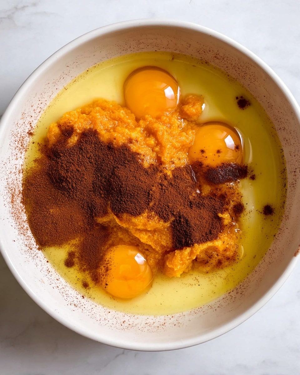 A white bowl on a white marbled surface holds four layers of ingredients: at the bottom, a bright orange mashed mixture forms a textured base; on top of this are three raw eggs with deep yellow yolks, partly submerged in a golden liquid that covers most of the bowl; on one side, two piles of ground cinnamon in dark brown powder rest on the orange and egg layers, creating a soft contrast in color and texture; the inside of the bowl rim shows slight cinnamon powder specks. photo taken with an iphone --ar 4:5 --v 7