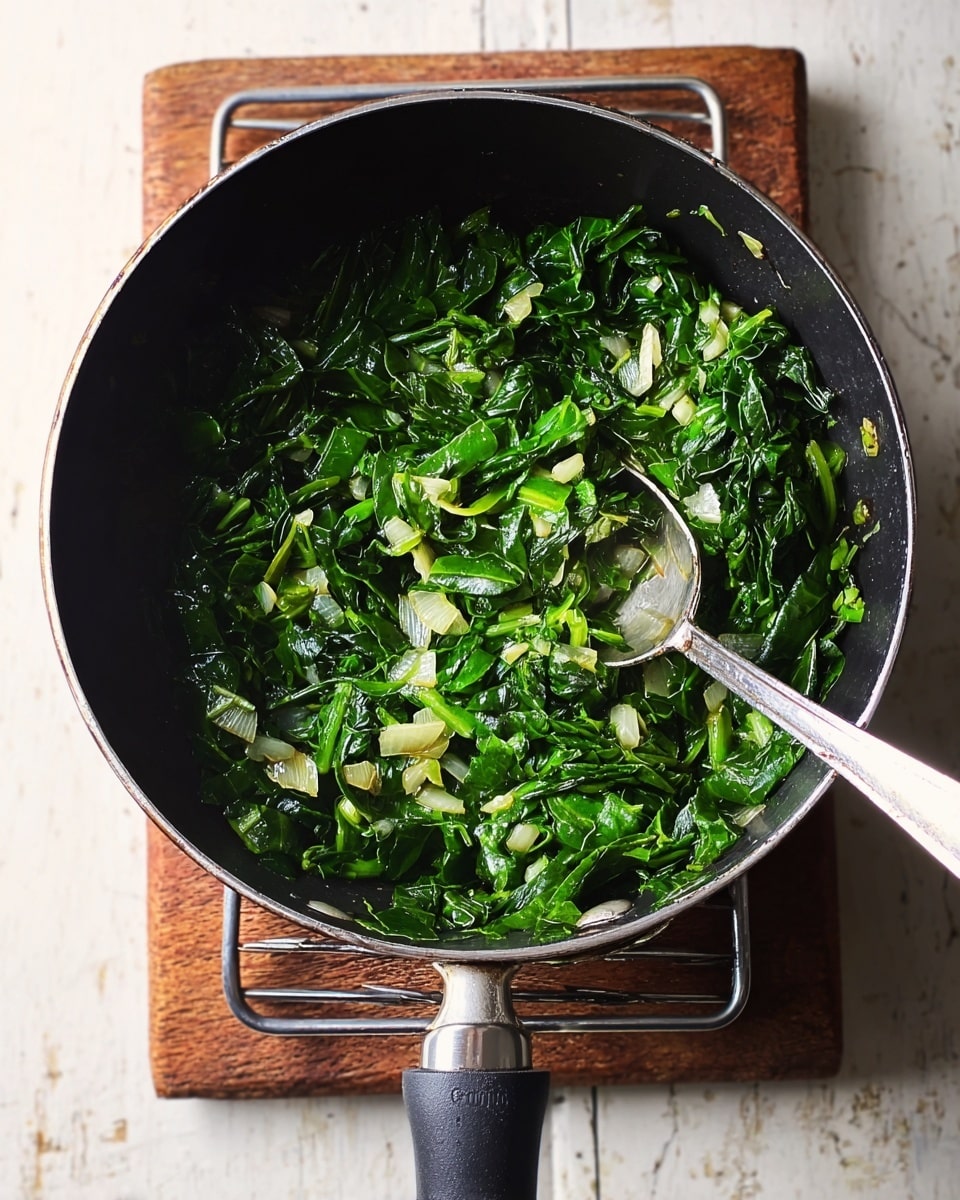 A black cooking pot filled with cooked leafy green vegetables mixed with small pieces of light-colored onions and garlic sits on a metal rack. The vegetables have a shiny, soft texture and bright green color. A silver spoon rests inside the pot toward the right side. The pot has a black handle extending out to the right. The pot is placed on a white marbled textured surface. photo taken with an iphone --ar 4:5 --v 7