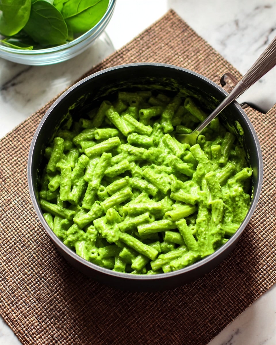 A black pot filled with short tubular pasta fully coated in a thick bright green sauce that looks creamy and smooth, with the pasta scattered evenly throughout. A silver spoon is placed inside the pot on the right side, partially submerged in the pasta. The pot sits on a basketweave textured brown mat, and in the background, there is a clear bowl holding large green leaves. The whole scene is set on a white marbled surface. Photo taken with an iphone --ar 4:5 --v 7