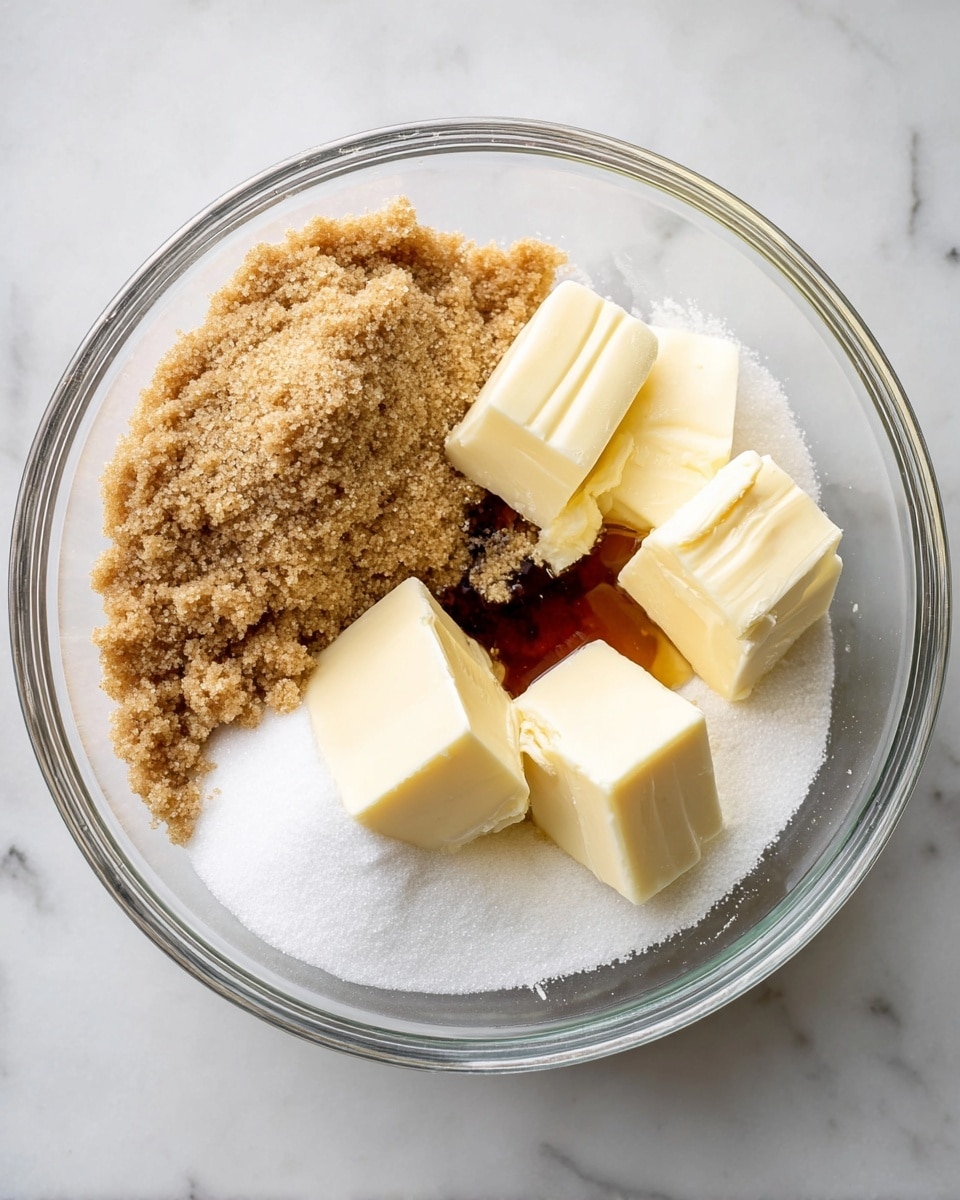 A clear glass bowl sits on a white marbled surface, filled with four distinct layers of baking ingredients. The bottom layer is white granulated sugar, soft and fine. To the left, there is a large mound of light brown sugar, coarse with a slightly moist texture. On top of the sugar layers, there are four pieces of pale yellow butter, each cut into rectangular blocks with smooth surfaces and small grooves on top. In the middle of the sugar, there is a small pool of dark amber vanilla extract giving a glossy appearance. The overall look is neat and ready to be mixed, photo taken with an iphone --ar 4:5 --v 7
