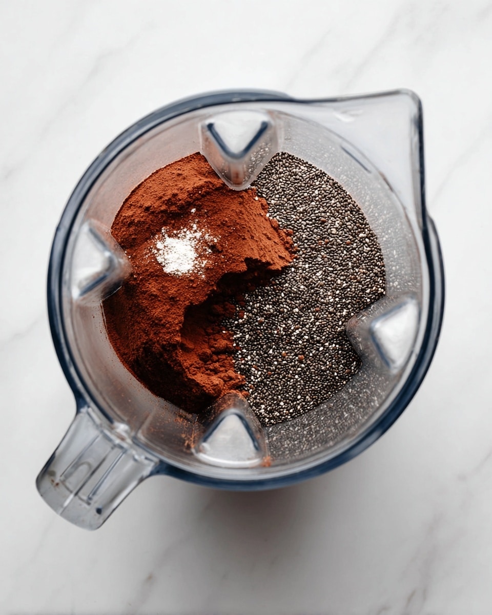 A clear blender jar sits on a white marbled surface, showing three layers of dry ingredients inside. On the left side, there is a dark reddish-brown layer of cocoa powder with a small white sprinkle on top. Next to it, on the right, there is a thick layer of tiny, black chia seeds with some white speckles. The top layer is a slightly lighter brown powder, likely cinnamon, resting beside the cocoa powder. The blender is viewed from above, highlighting the texture and colors inside. Photo taken with an iphone --ar 4:5 --v 7