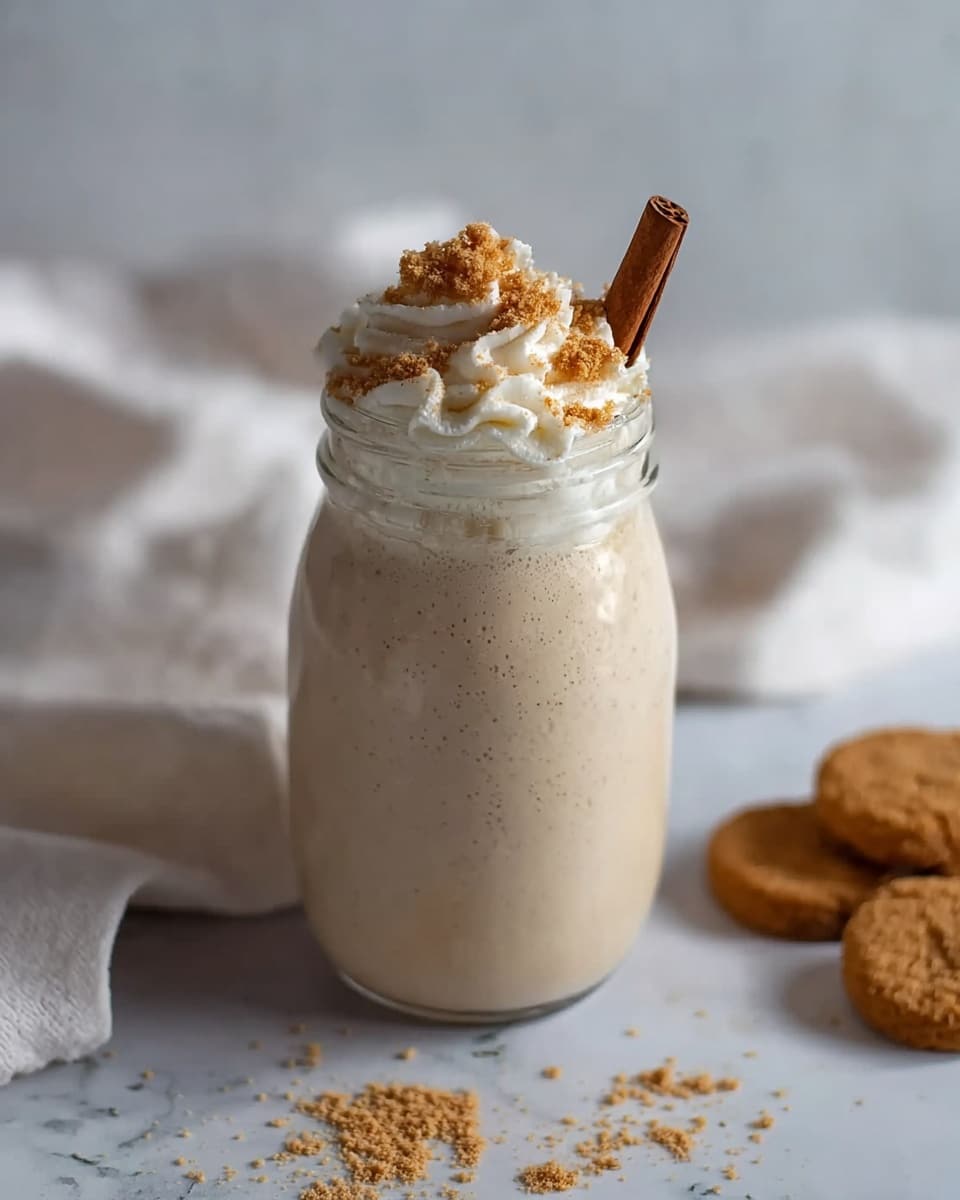 A tall clear glass jar filled with a light beige creamy drink topped with a swirl of white whipped cream. On top of the whipped cream there are light brown cookie crumbs sprinkled, and a single cinnamon stick is placed upright into the drink on the right side. The jar is set on a white marbled surface with a soft white cloth in the background, and a few small round golden-brown cookies lie scattered to the right side of the jar. Photo taken with an iphone --ar 4:5 --v 7