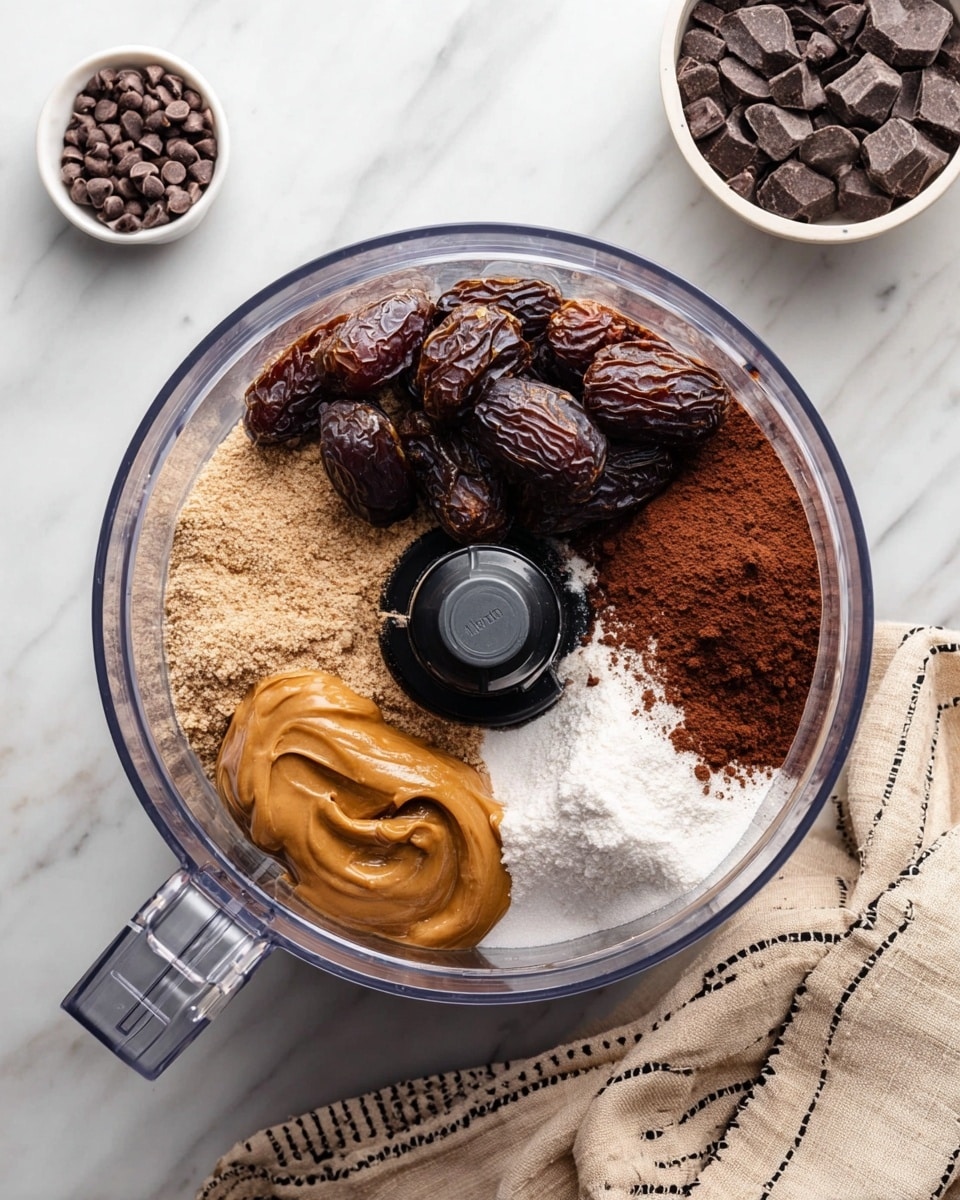 A clear food processor bowl is filled with several layers of ingredients arranged around the center blade. The top left area shows a cluster of dark brown, wrinkled dates. Below them is a thick layer of dark brown cocoa powder. To the right of the dates, there is a small mound of white granular sugar, and next to it is a light brown powder, likely flour. On the bottom left, there is a dollop of shiny, smooth peanut butter. The ingredients rest inside the clear bowl, which sits on a white marbled surface. A small white bowl with dark chocolate chips is visible in the top right corner, while a beige cloth with black stitching is placed on the left side. Photo taken with an iphone --ar 4:5 --v 7
