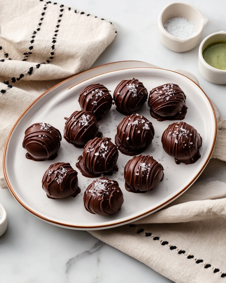 A white oval plate with a thin brown rim holds fifteen round chocolate balls arranged in a loose cluster. Each ball is coated in smooth dark brown chocolate, with a drizzle of slightly lighter chocolate on top creating thin lines. Small white flakes, likely sea salt, are sprinkled unevenly over each ball, adding texture and contrast. The plate is placed on a white marbled surface next to a beige cloth napkin with black stitching and two small white dishes, one with a green sauce and the other with coarse white salt. Photo taken with an iphone --ar 4:5 --v 7