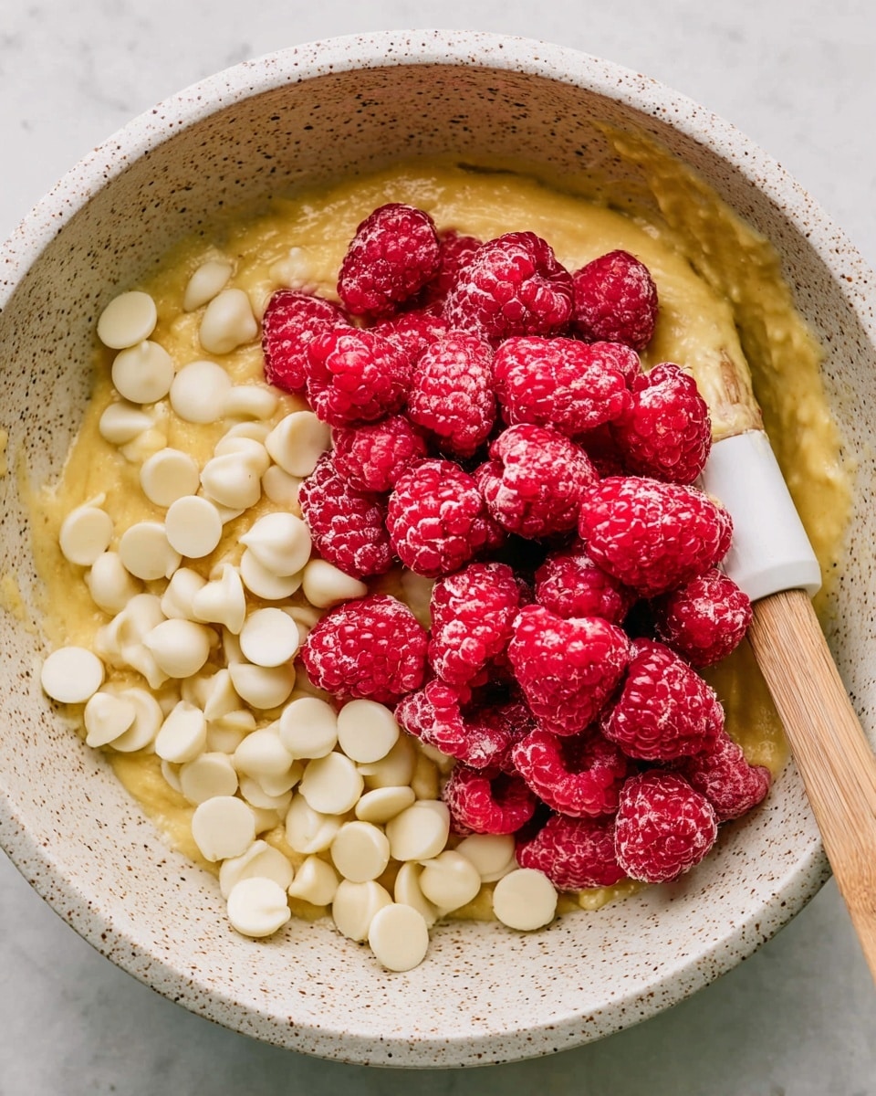 A white speckled bowl holds a thick, yellow batter at the bottom as the first layer. On top, there is a big cluster of fresh, bright red raspberries with a textured, bumpy surface. Next to the raspberries, smooth, round white chocolate chips cover part of the batter. A wooden spatula with a white silicone head is seen mixed into the chips and batter. The whole bowl sits on a white marbled surface photo taken with an iphone --ar 4:5 --v 7