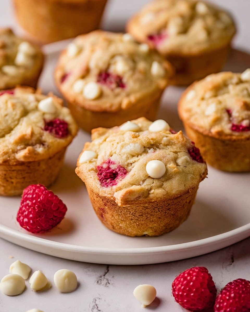 The image shows close-up view of several muffins arranged on a white plate on a white marbled surface, each muffin topped with a bit of red raspberry and small white chocolate chips visible in the golden brown textured muffin tops and inside the muffins. A few bright red raspberries and some scattered white chocolate chips lie next to the plate, adding color contrast and detail. The muffins have a soft, slightly cracked surface with a light and fluffy appearance. Photo taken with an iphone --ar 4:5 --v 7